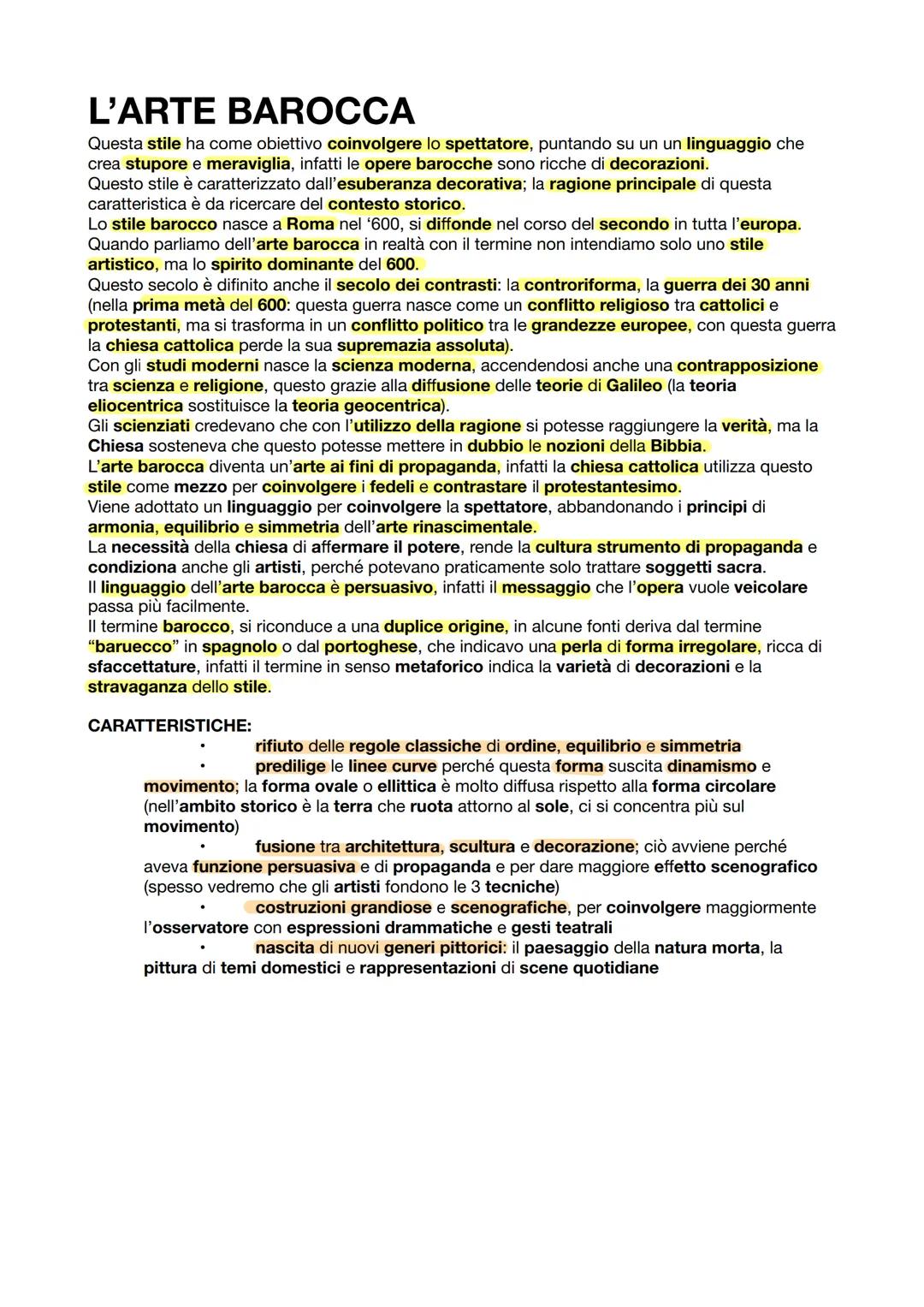 L'ARTE BAROCCA
Questa stile ha come obiettivo coinvolgere lo spettatore, puntando su un un linguaggio che
crea stupore e meraviglia, infatti
