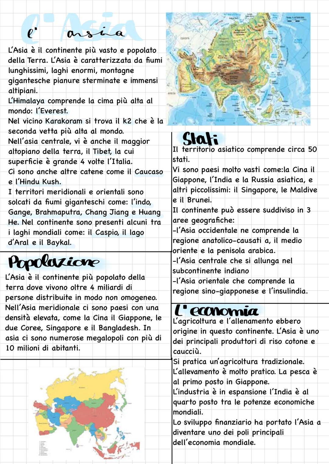 e
arsaa
L'Asia è il continente più vasto e popolato
del la Terra. L'Asia è caratterizzata da fiumi
lunghissimi, laghi enormi, montagne
gigan