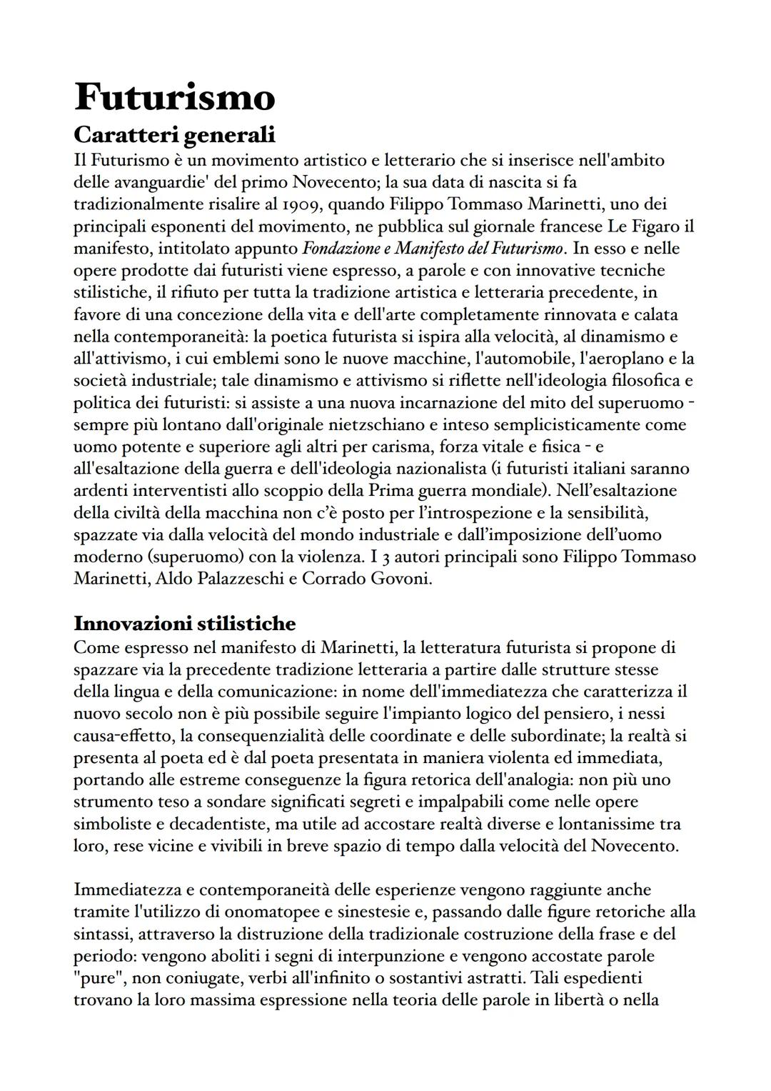 ## Futurismo
### Caratteri generali
Il Futurismo è un movimento artistico e letterario che si inserisce nell'ambito
delle avanguardie' del