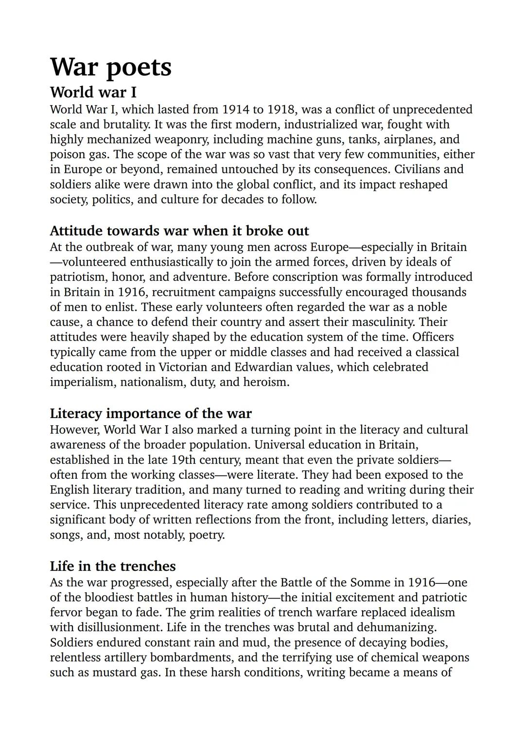 War poets
World war I
World War I, which lasted from 1914 to 1918, was a conflict of unprecedented
scale and brutality. It was the first mod