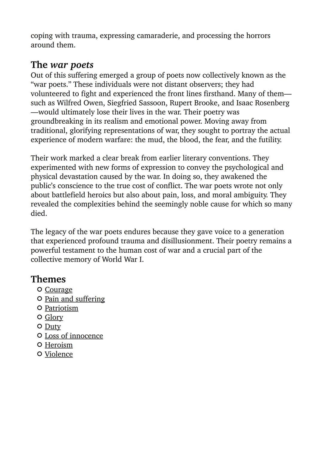 War poets
World war I
World War I, which lasted from 1914 to 1918, was a conflict of unprecedented
scale and brutality. It was the first mod