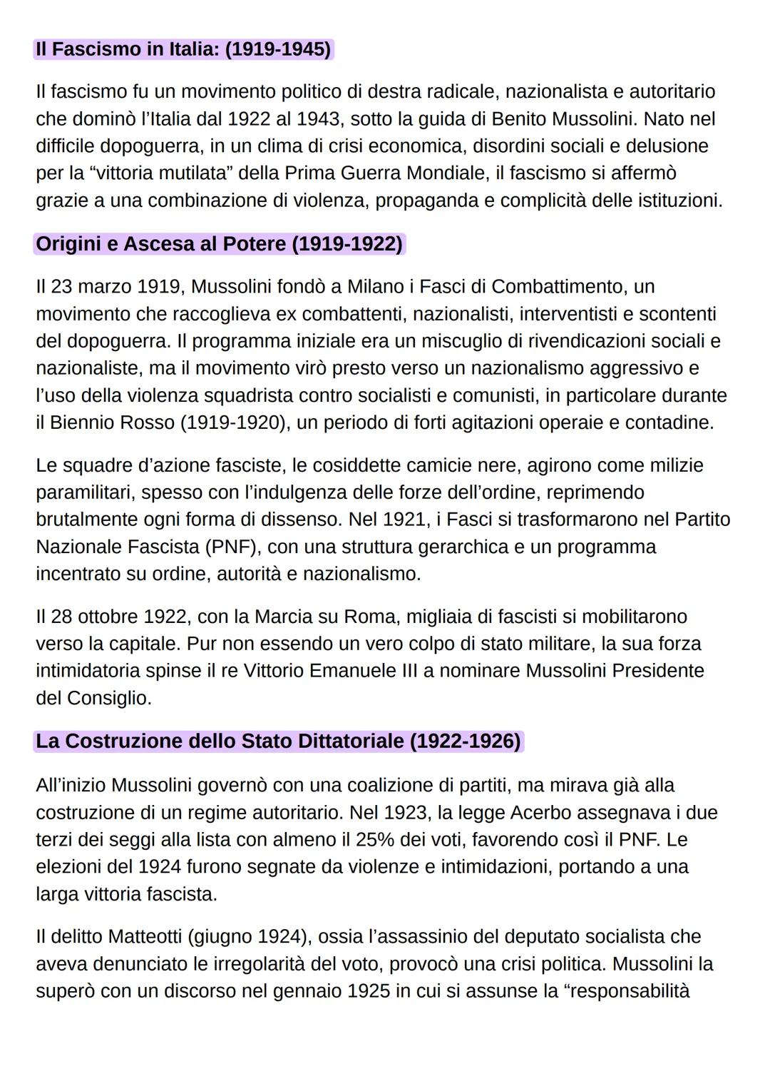 II Fascismo in Italia: (1919-1945)
Il fascismo fu un movimento politico di destra radicale, nazionalista e autoritario
che dominò l'Italia d