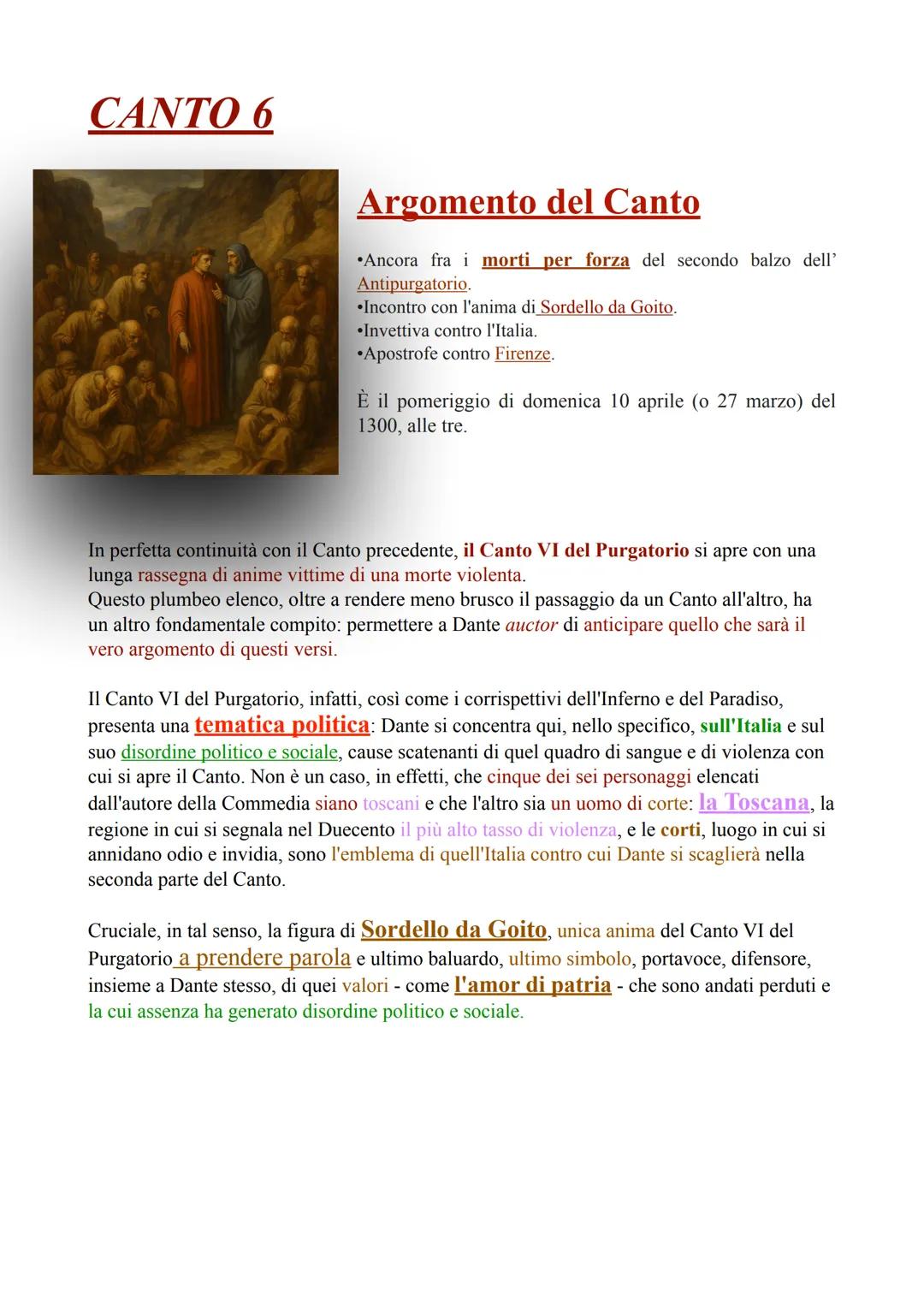 # CANTO 6
## Argomento del Canto
* Ancora fra i morti per forza del secondo balzo dell'Antipurgatorio.
* Incontro con l'anima di Sordello