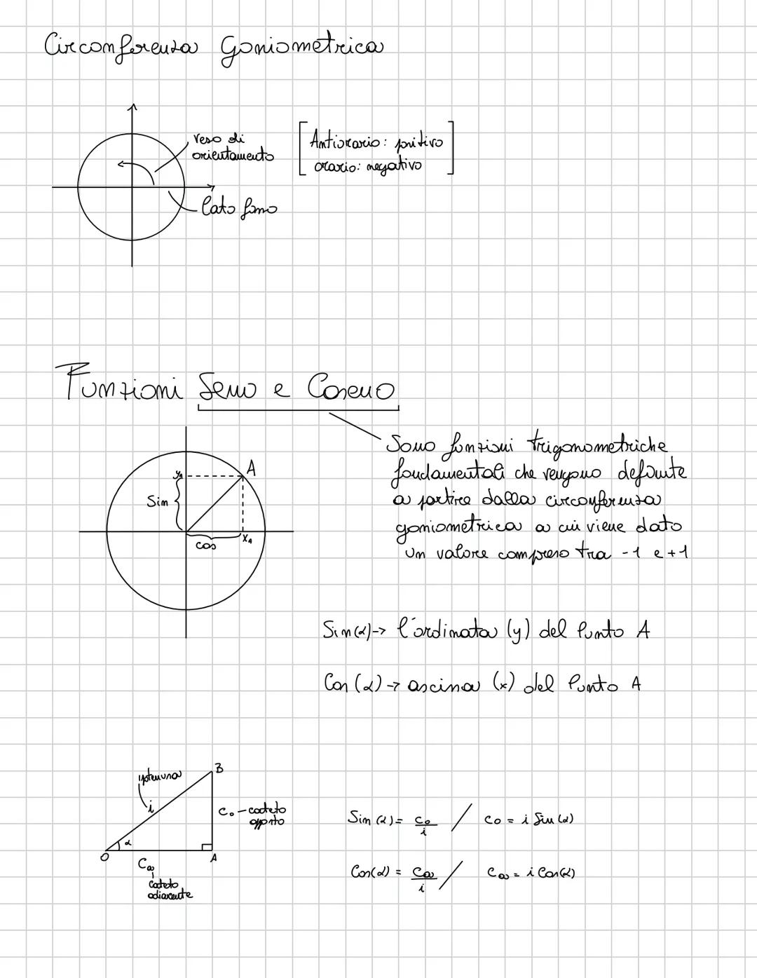 Angoli
→ Somo parti di piano delimitati da 3 semirette con l'origine
in comune
l (arco)
/r (raggio)
360 → $\frac{2
π}{1}$ = 2 π rad
180