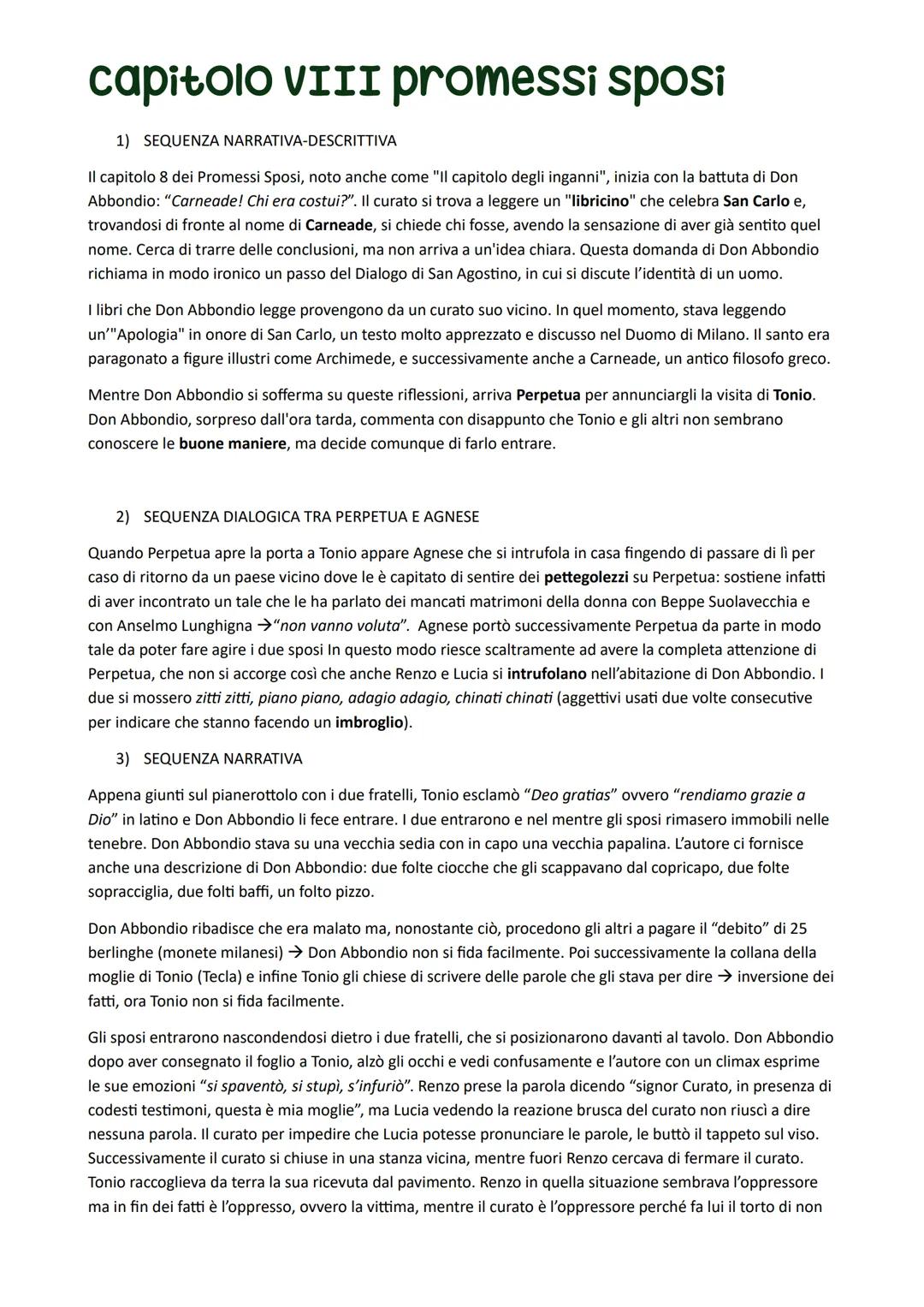 capitolo VIII promessi sposi
1) SEQUENZA NARRATIVA-DESCRITTIVA
Il capitolo 8 dei Promessi Sposi, noto anche come "Il capitolo degli inganni"