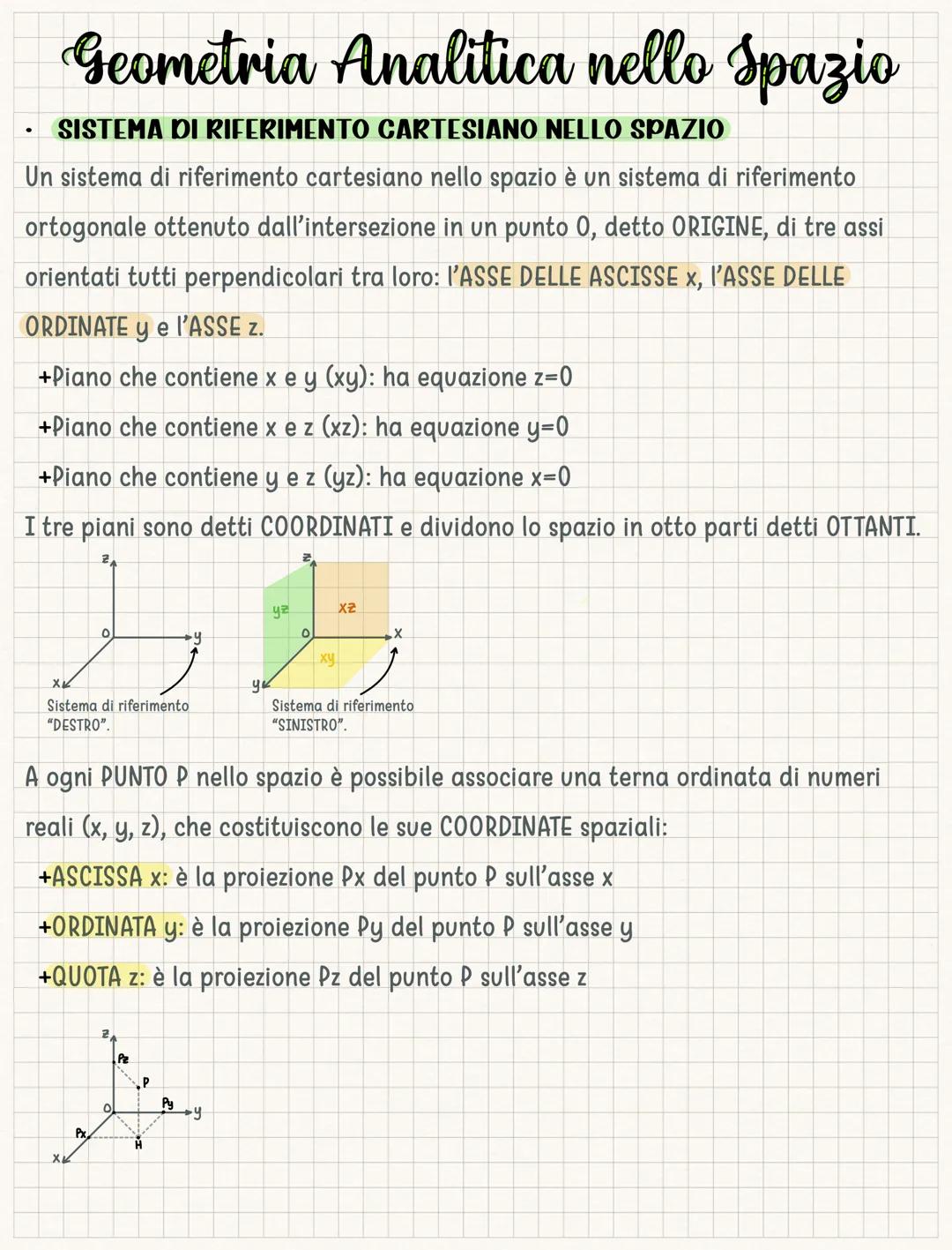Geometria Analitica nello Spazio
SISTEMA DI RIFERIMENTO CARTESIANO NELLO SPAZIO
Un sistema di riferimento cartesiano nello spazio è un siste