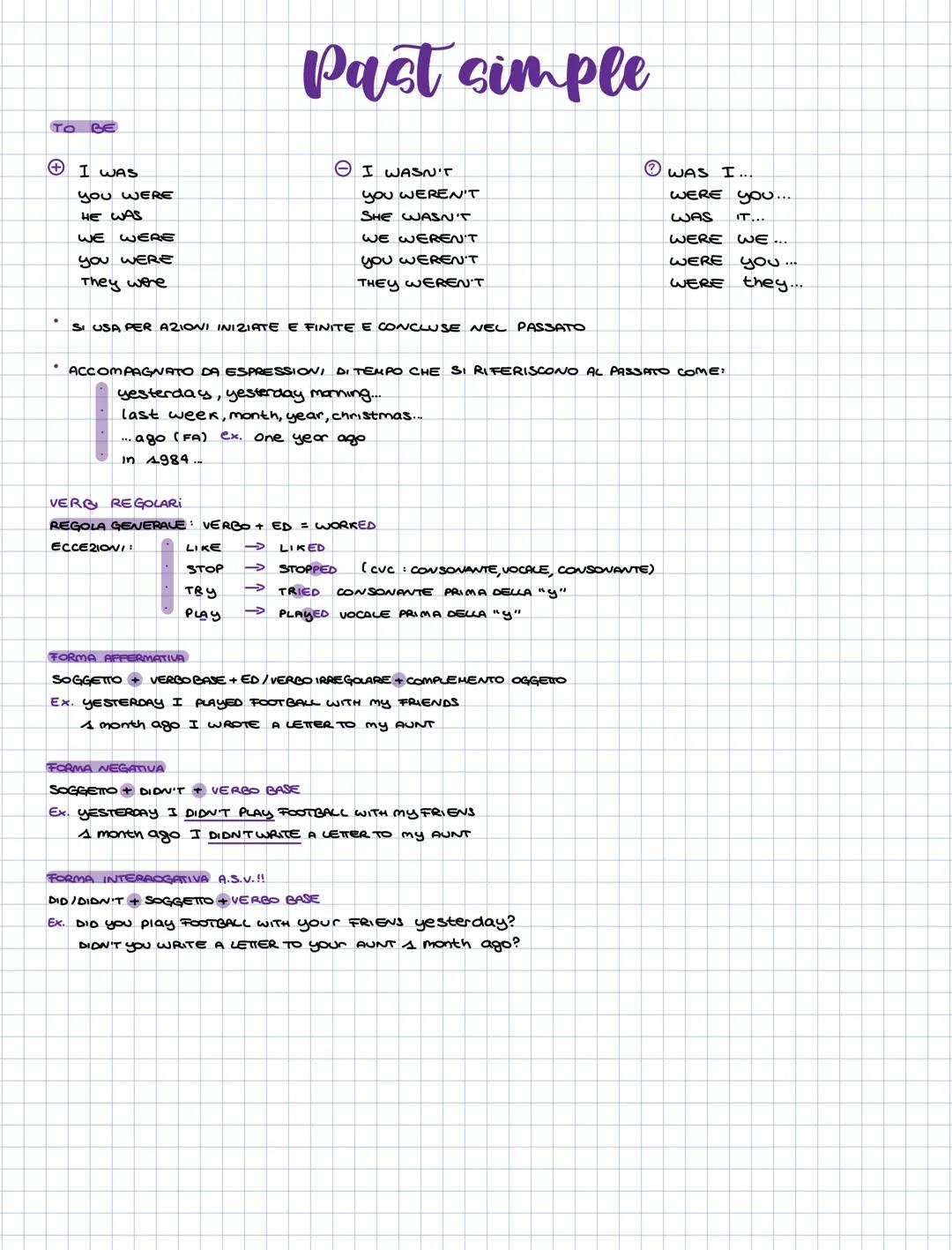 # Past simple
+ TO BE
+ I was
- you were
- he was
- we were
- you were
- they were
- I wasn't
- you weren't
- she wasn't
- we weren't
- y
