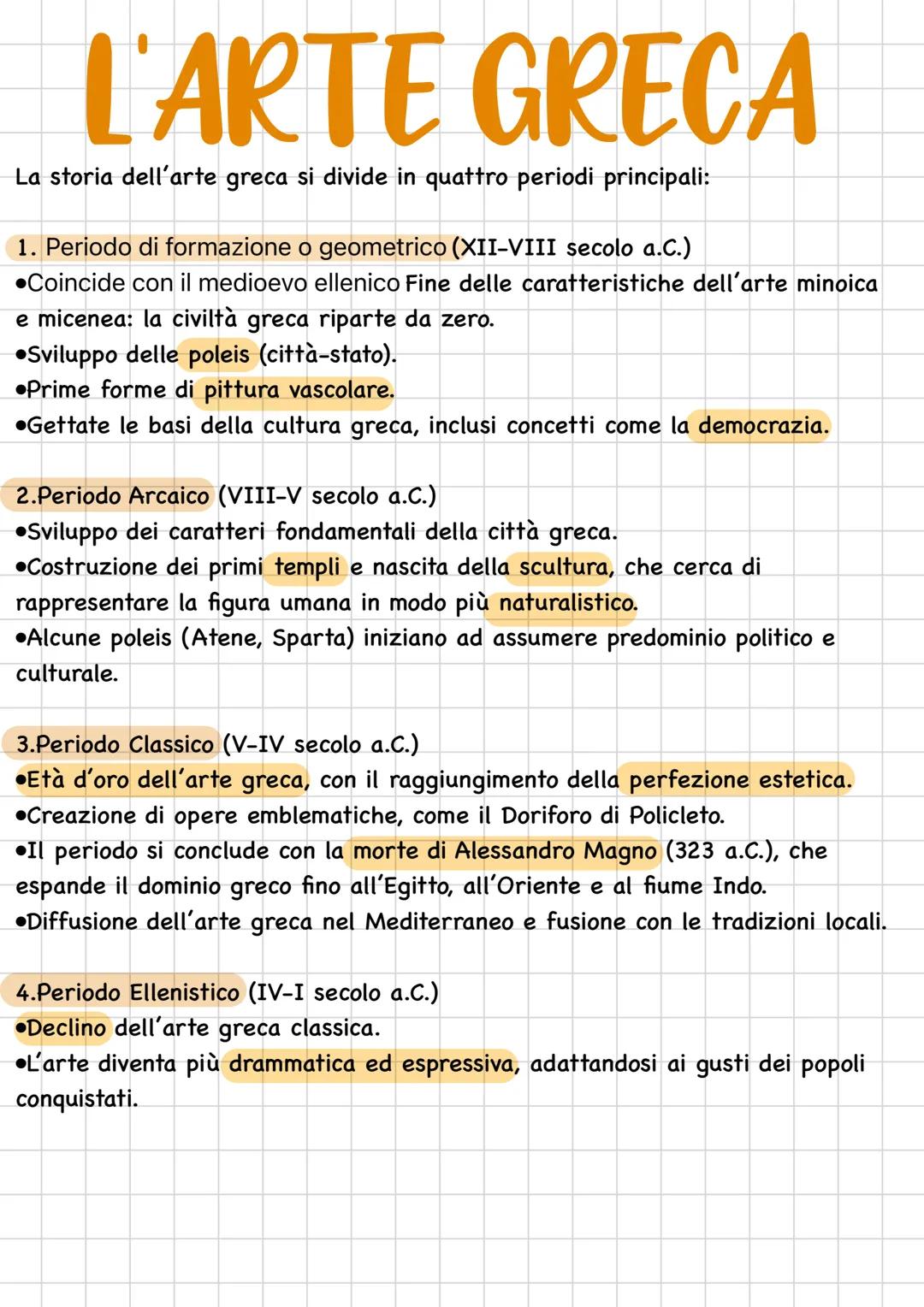 # L'ARTE GRECA
La storia dell'arte greca si divide in quattro periodi principali:
1. Periodo di formazione o geometrico (XII-VIII secolo a