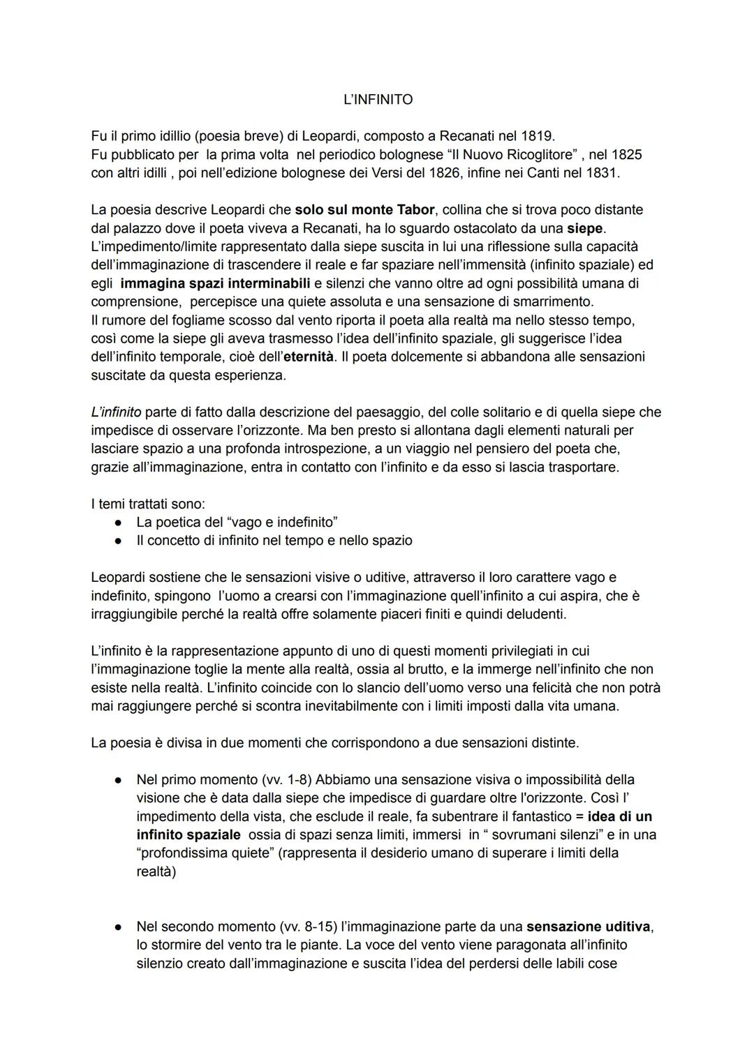 L'INFINITO
Fu il primo idillio (poesia breve) di Leopardi, composto a Recanati nel 1819.
Fu pubblicato per la prima volta nel periodico bolo