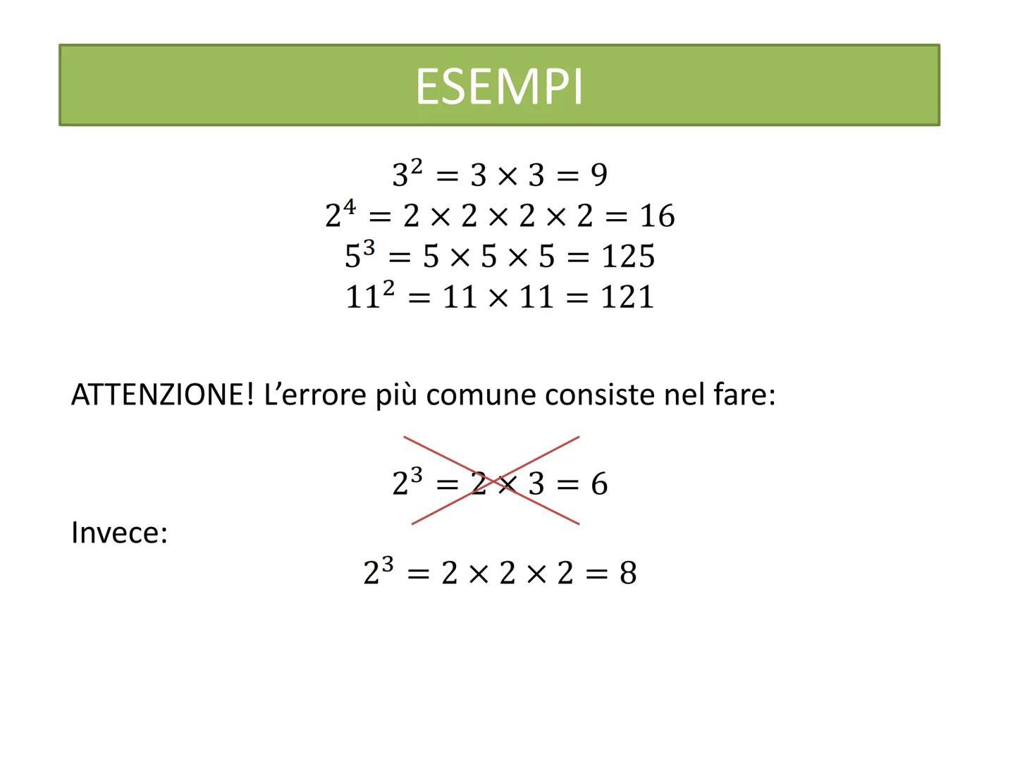 # L'ELEVAMENTO A POTENZA DEFINIZIONE
Una POTENZA e' il prodotto di tanti fattori uguali alla
base quanti ne indica l'esponente:
2<sup>5</sup