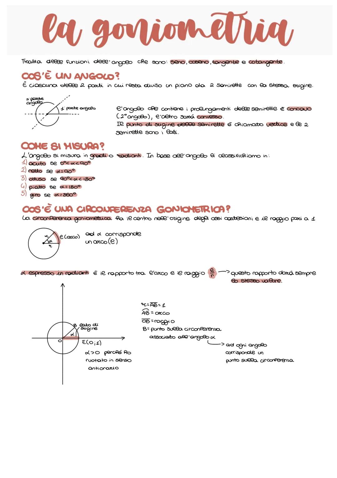 la goniometria
Trealta desse funzioni deee' angoes che sono: seno, coseno, tangente e cotangente.
COS'ร UN ANGOLO?
ร ciascuna desee 2 poati
