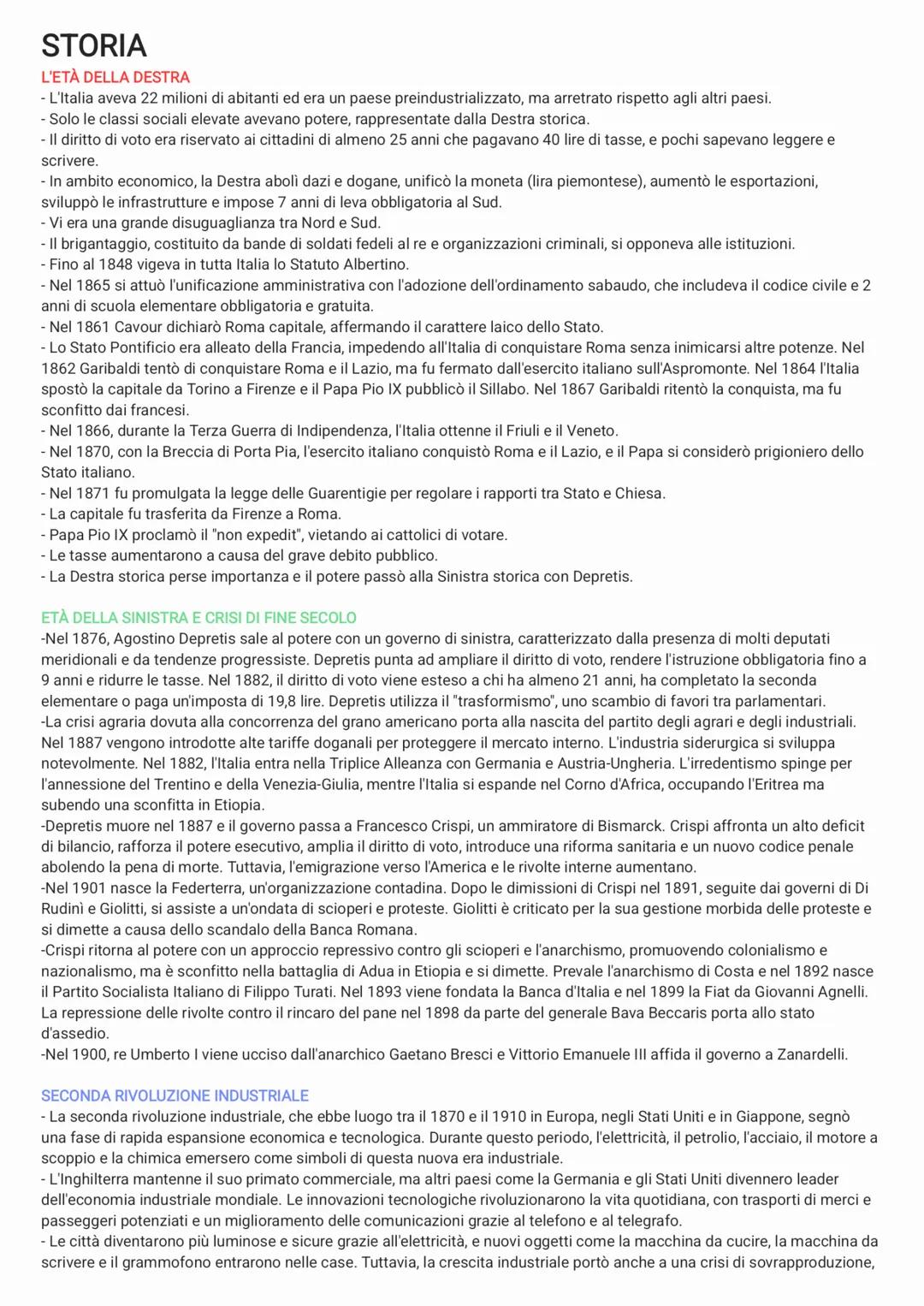 STORIA
L'ETÀ DELLA DESTRA
- L'Italia aveva 22 milioni di abitanti ed era un paese preindustrializzato, ma arretrato rispetto agli altri paes