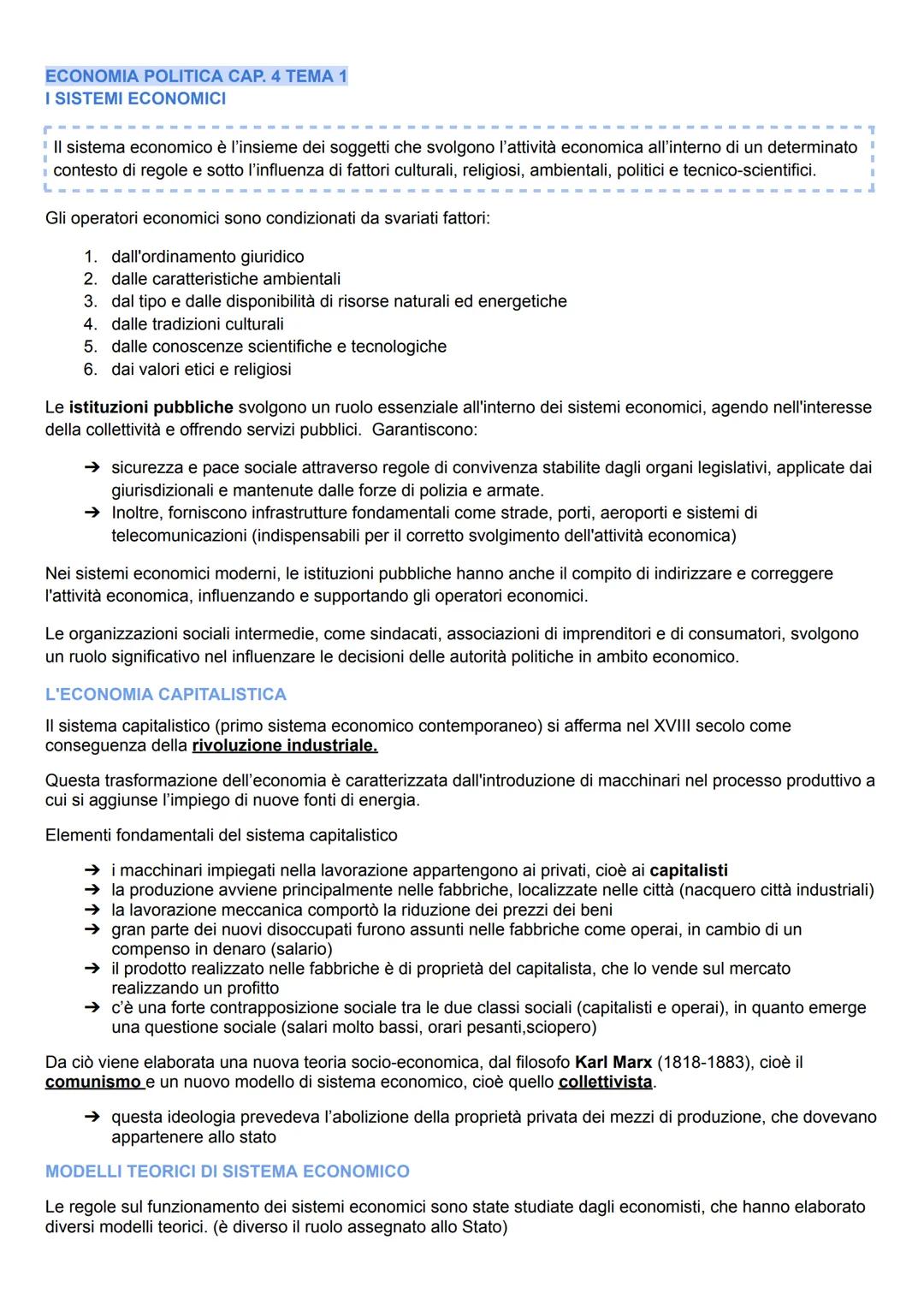 ECONOMIA POLITICA CAP. 4 TEMA 1
I SISTEMI ECONOMICI
Il sistema economico è l'insieme dei soggetti che svolgono l'attività economica all'inte