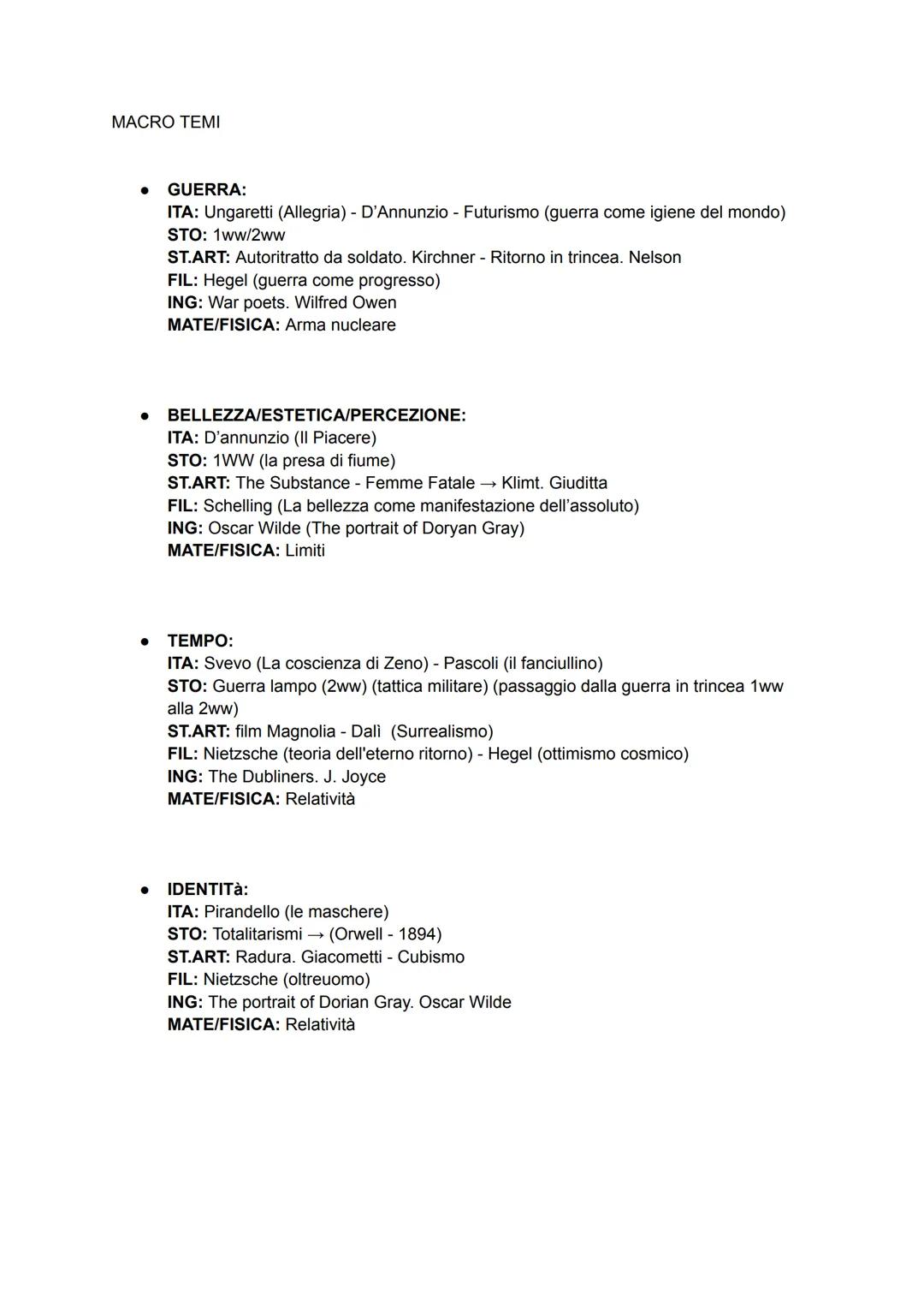 MACRO TEMI
* GUERRA:
ITA: Ungaretti (Allegria) - D'Annunzio - Futurismo (guerra come igiene del mondo)
STO: 1ww/2ww
ST.ART: Autoritratto da