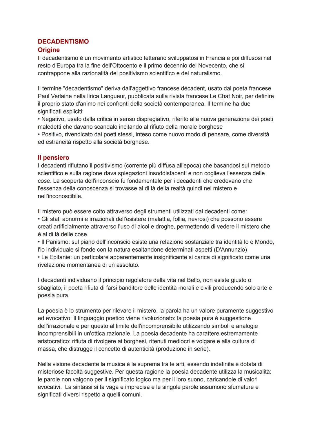 DECADENTISMO
Origine
II decadentismo è un movimento artistico letterario sviluppatosi in Francia e poi diffusosi nel
resto d'Europa tra la f