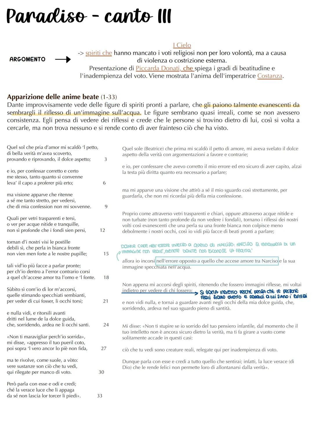 Paradiso - canto III
ARGOMENTO
I Cielo
-> spiriti che hanno mancato i voti religiosi non per loro volontà, ma a causa
di violenza o costrizi