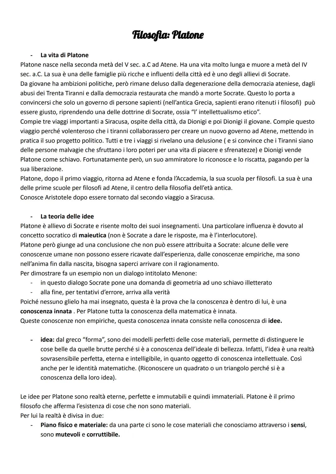 --- OCR Start ---
La vita di Platone
Filosofia: Platone
Platone nasce nella seconda metà del V sec. a.C ad Atene. Ha una vita molto lunga e