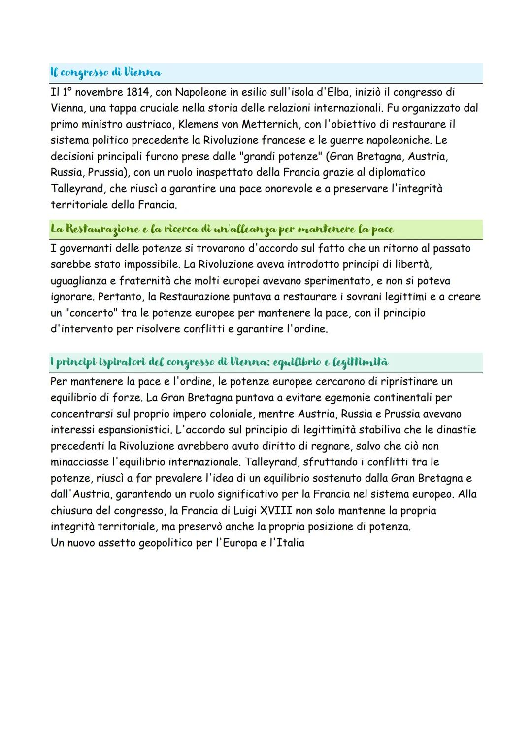 Il congresso di Vienna
Il 1ยบ novembre 1814, con Napoleone in esilio sull'isola d'Elba, iniziรฒ il congresso di
Vienna, una tappa cruciale nel