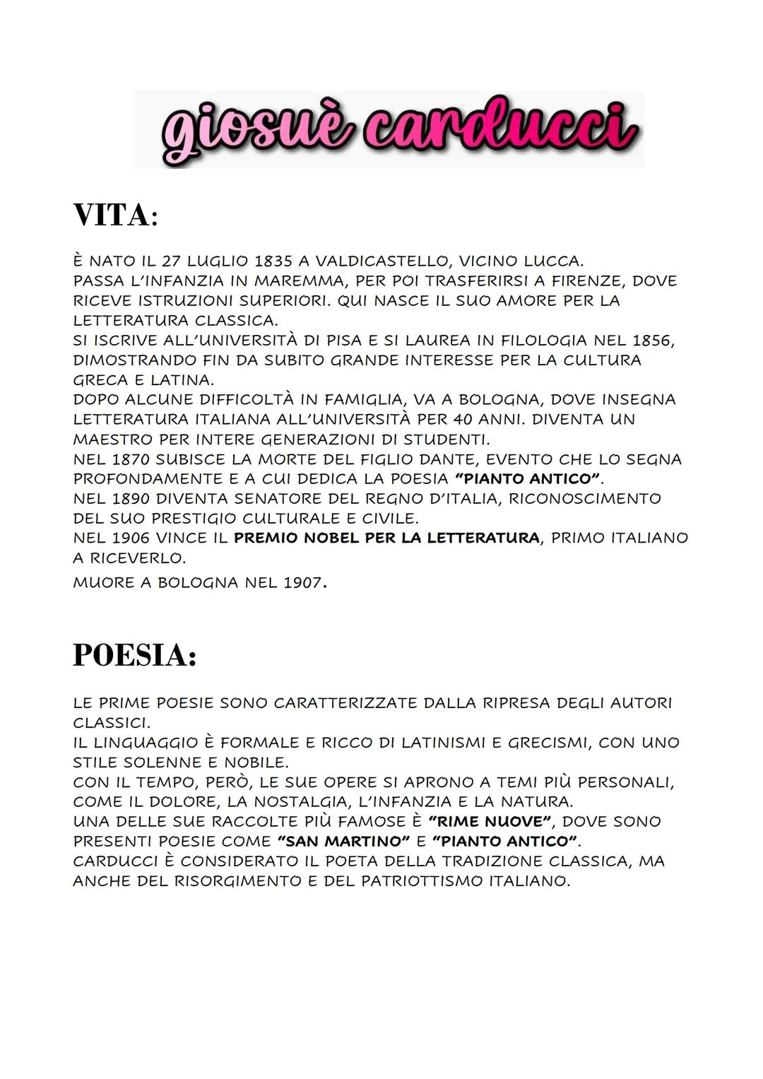 VITA:
giosuè carducci
È NATO IL 27 LUGLIO 1835 A VALDICASTELLO, VICINO LUCCA.
PASSA L'INFANZIA IN MAREMMA, PER POI TRASFERIRSI A FIRENZE, DO