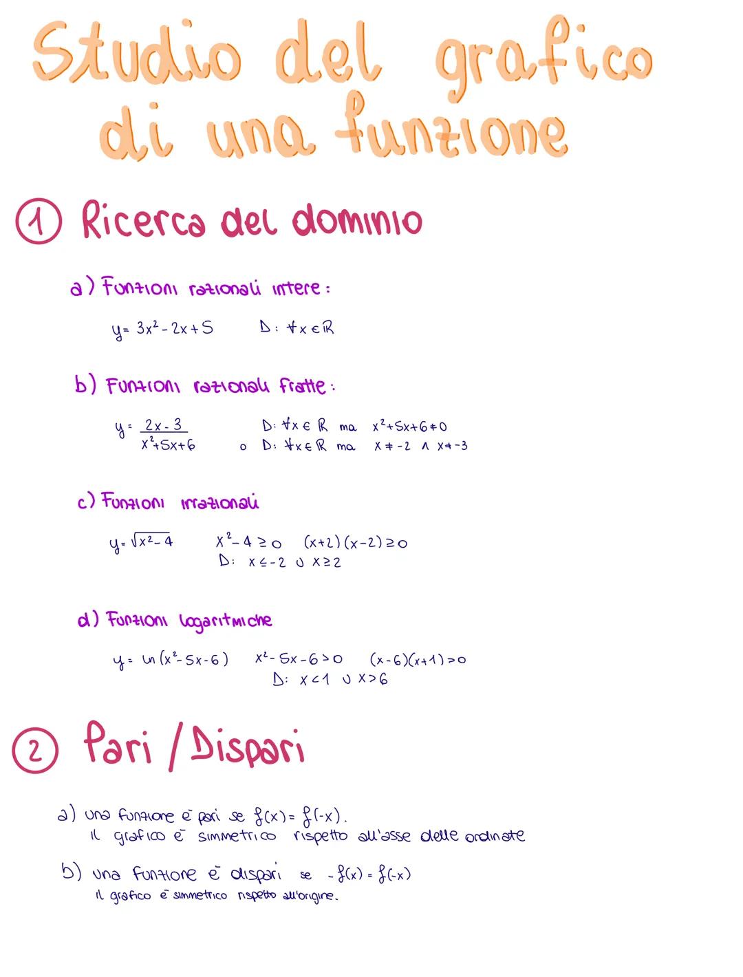 Studio del grafico
di una funzione
① Ricerca del dominio
a) Funzioni razionali intere:
y= 3x²-2x+5
D: +XER
b) Funzioni razionali fratte:
y=2