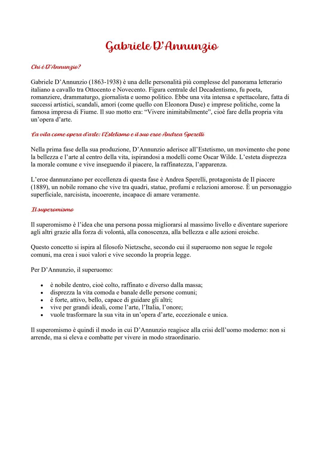 Gabriele D'Annunzio
Chi è D'Annunzio?
Gabriele D'Annunzio (1863-1938) è una delle personalità più complesse del panorama letterario
italiano