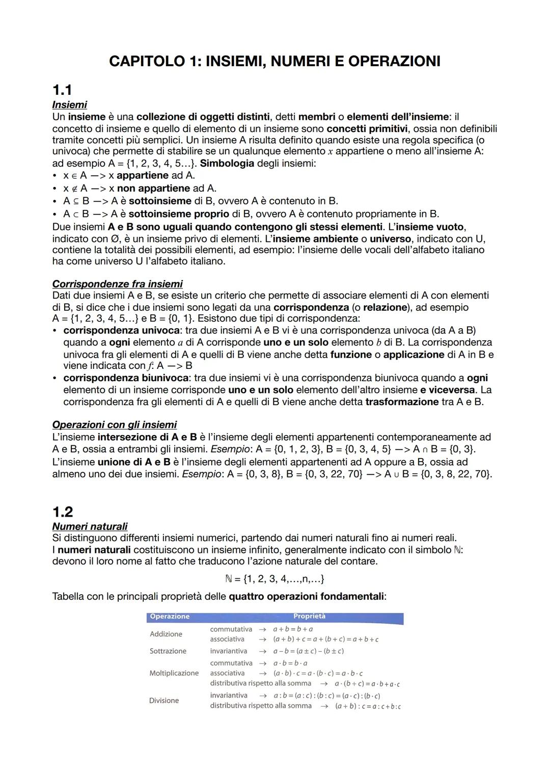 ## MATEMATICA CAPITOLO 1: INSIEMI, NUMERI E OPERAZIONI
1.1
Insiemi
Un insieme è una collezione di oggetti distinti, detti membri o elementi