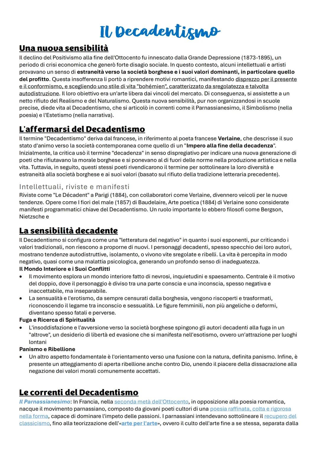 Il Decadentismo
Una nuova sensibilità
Il declino del Positivismo alla fine dell'Ottocento fu innescato dalla Grande Depressione (1873-1895),