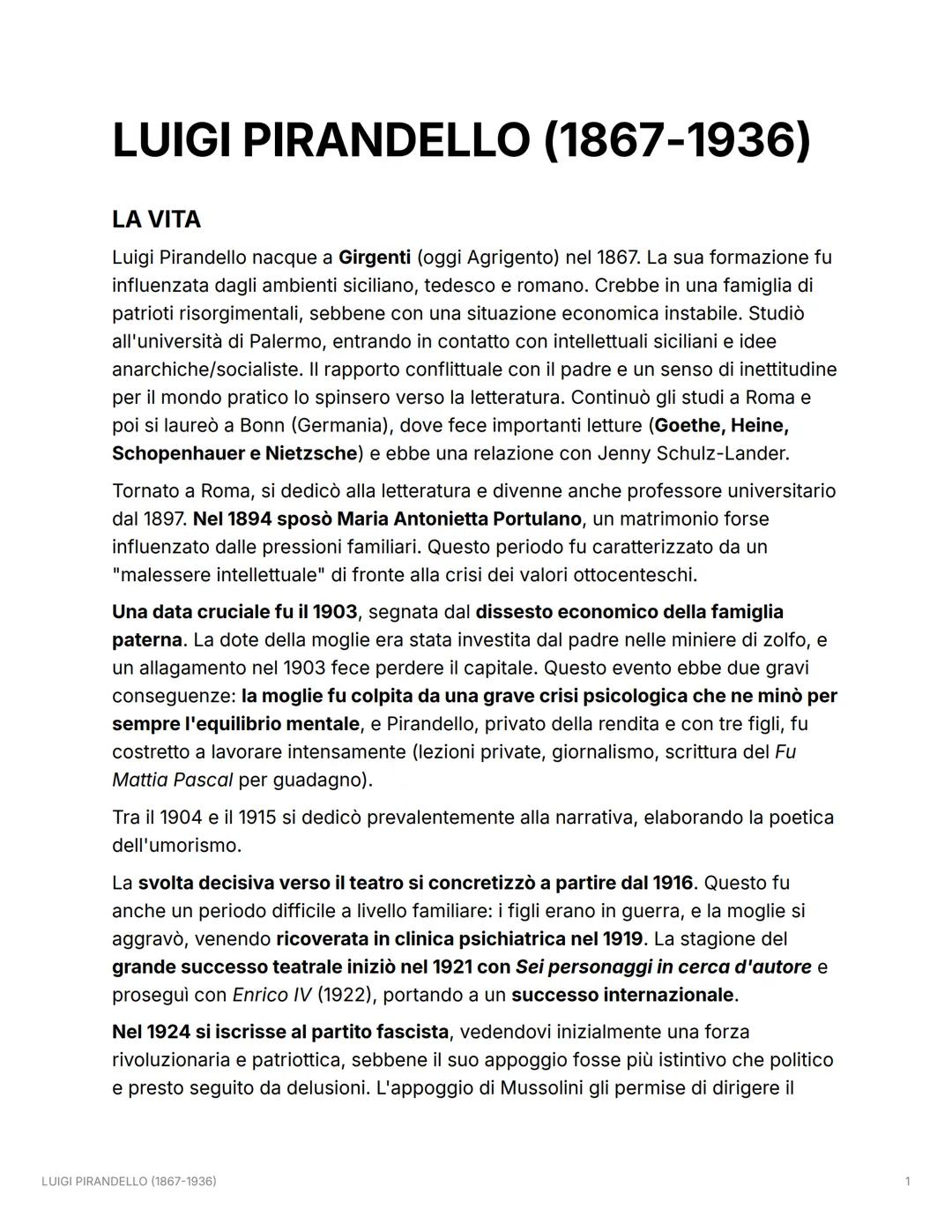 LUIGI PIRANDELLO (1867-1936)
LA VITA
Luigi Pirandello nacque a Girgenti (oggi Agrigento) nel 1867. La sua formazione fu
influenzata dagli am