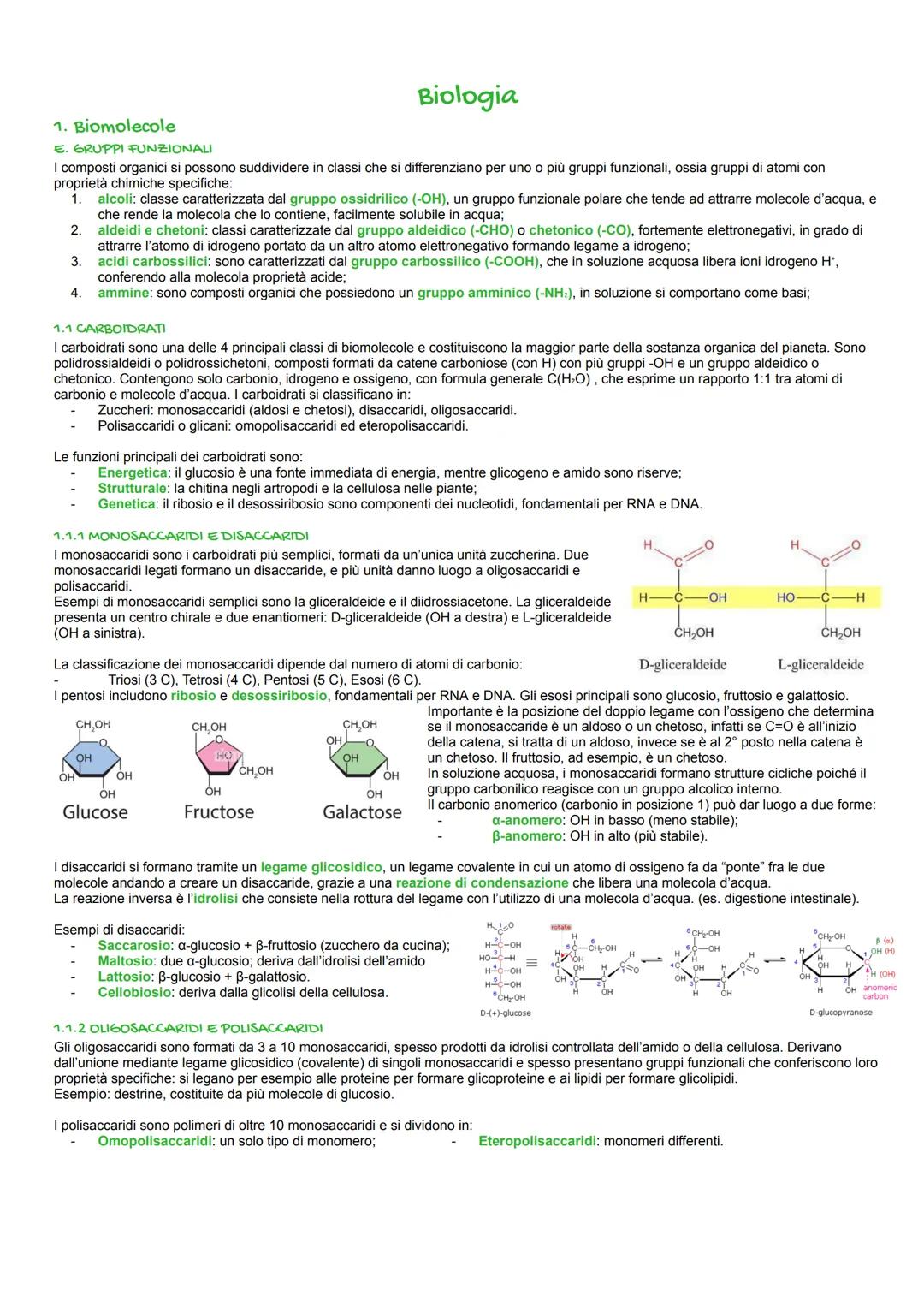 Biologia
1. Biomolecole
E. GRUPPI FUNZIONALI
I composti organici si possono suddividere in classi che si differenziano per uno o più gruppi