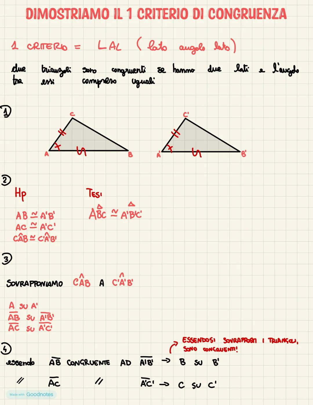 DIMOSTRIAMO IL 1 CRITERIO DI CONGRUENZA
1 CRITERIO = LAL (lato angolo lato)
due triangoli sono congruenti se hanno due lati e l'angolo
tra e