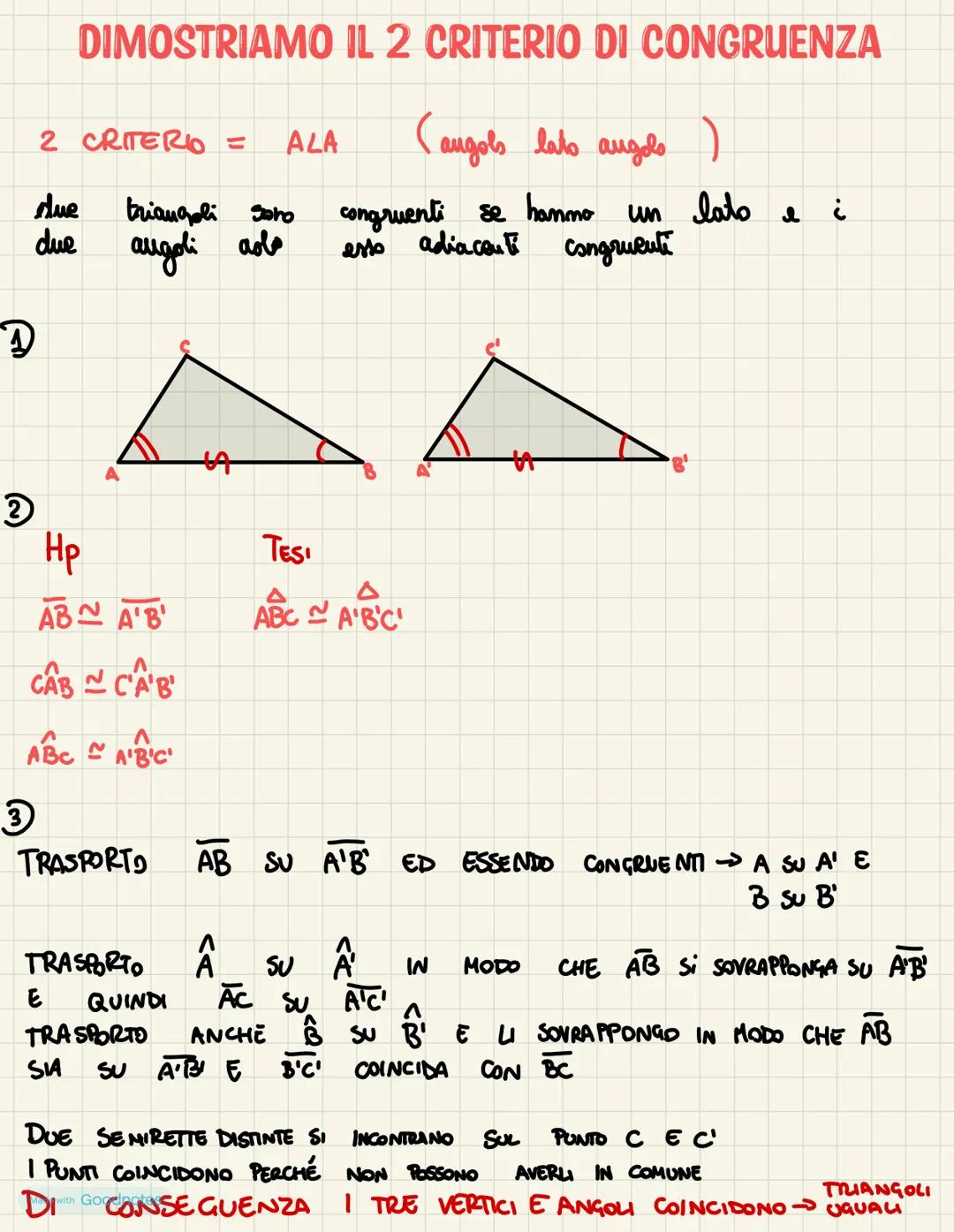 DIMOSTRIAMO IL 1 CRITERIO DI CONGRUENZA
1 CRITERIO = LAL (lato angolo lato)
due triangoli sono congruenti se hanno due lati e l'angolo
tra e