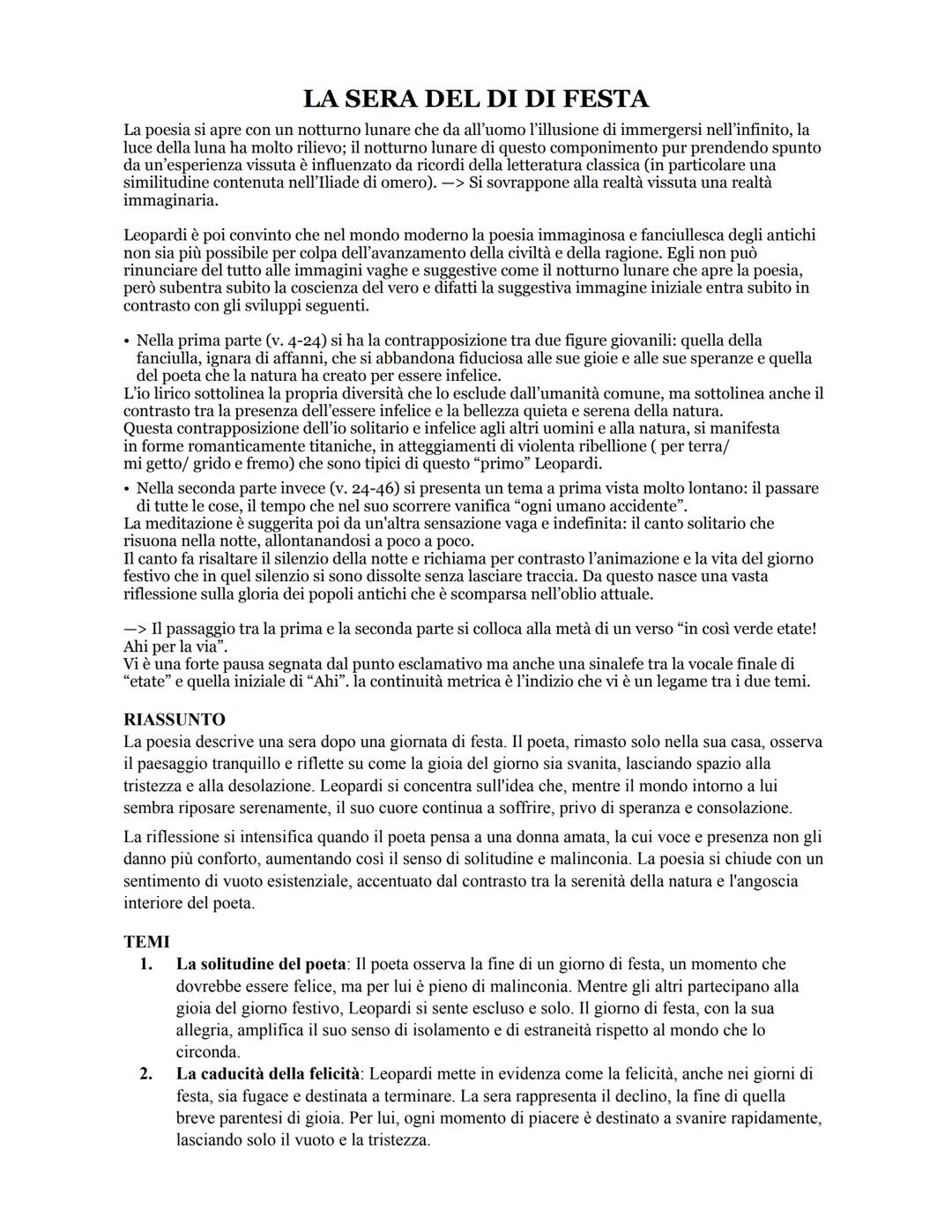 LA SERA DEL DI DI FESTA
La poesia si apre con un notturno lunare che da all'uomo l'illusione di immergersi nell'infinito, la
luce della luna