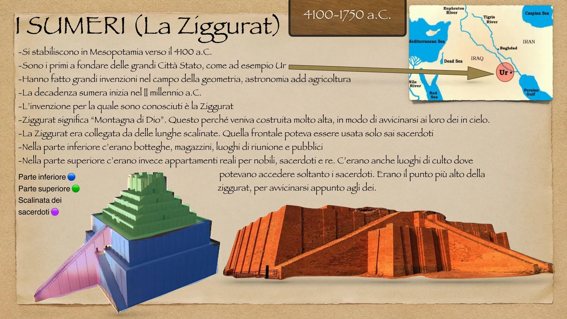 I SUMERI (La Ziggurat)
-Si stabiliscono in Mesopotamia verso il 4100 a.C.
-Sono i primi a fondare delle grandi Città Stato, come ad esempio