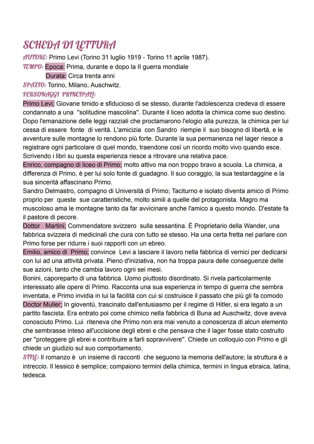 SCHEDA DI LETTURA
AUTORE: Primo Levi (Torino 31 luglio 1919 - Torino 11 aprile 1987).
TEMPO: Epoca: Prima, durante e dopo la II guerra mondi
