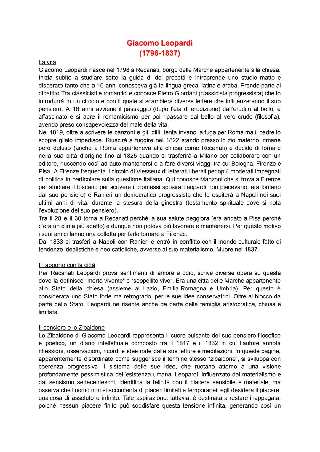 ## La vita
Giacomo Leopardi
(1798-1837)
Giacomo Leopardi nasce nel 1798 a Recanati, borgo delle Marche appartenente alla chiesa.
Inizia su