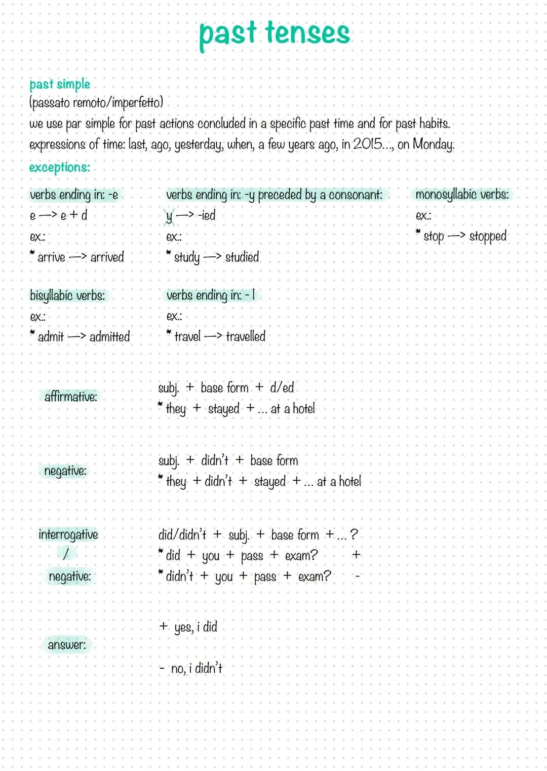 past tenses
past simple
(passato remoto/imperfetto)
we use par simple for past actions concluded in a specific past time and for past habits