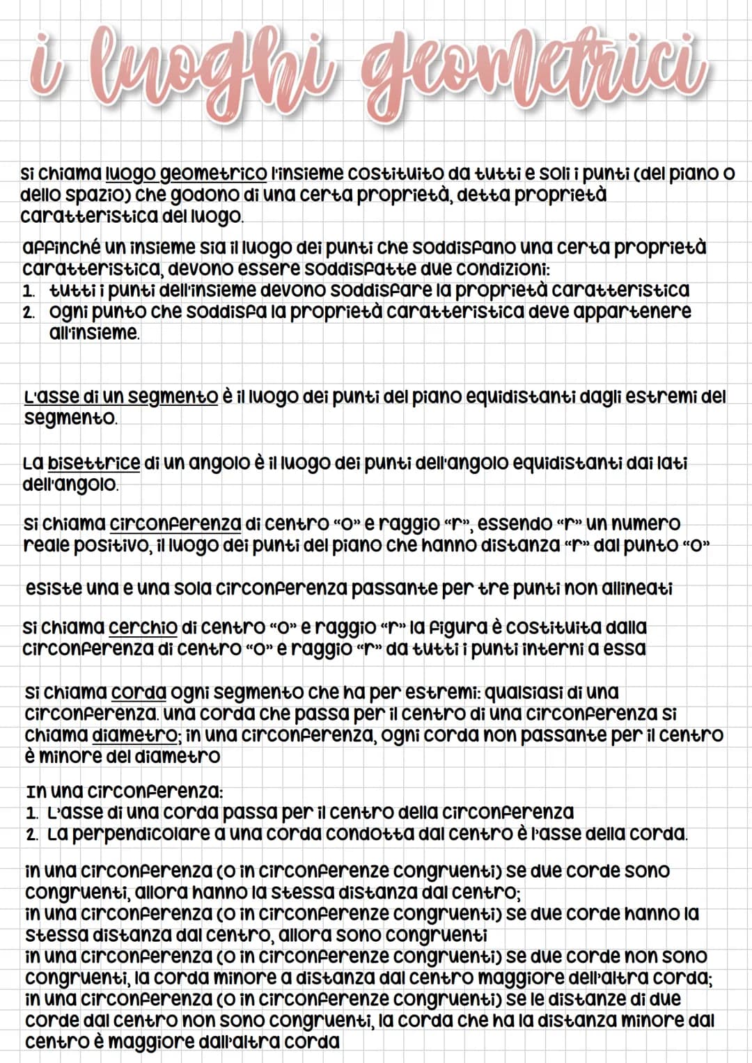 i luoghi geometrici
si chiama luogo geometrico l'insieme costituito da tutti e soli i punti (del piano o
delllo spazio) che godono di una ce