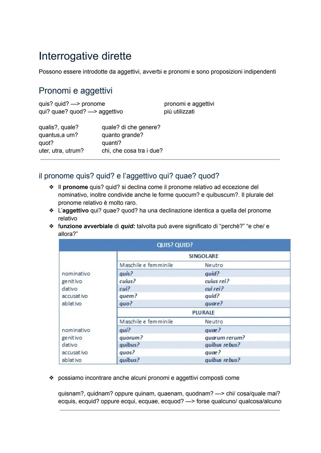 Interrogative dirette
Possono essere introdotte da aggettivi, avverbi e pronomi e sono proposizioni indipendenti
Pronomi e aggettivi
quis? q