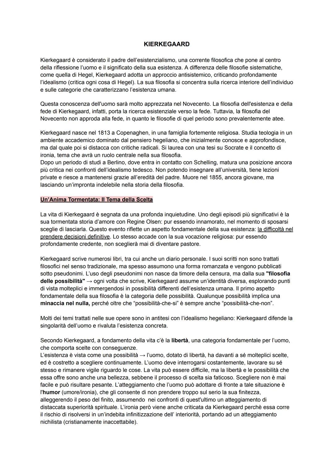 ## KIERKEGAARD
Kierkegaard è considerato il padre dell'esistenzialismo, una corrente filosofica che pone al centro
della riflessione l'uomo