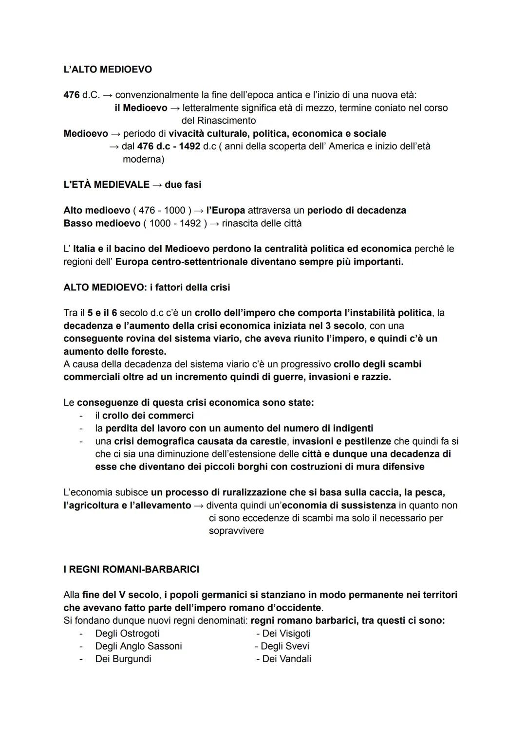 L'ALTO MEDIOEVO
476 d.C. → convenzionalmente la fine dell'epoca antica e l'inizio di una nuova età:
il Medioevo → letteralmente significa et