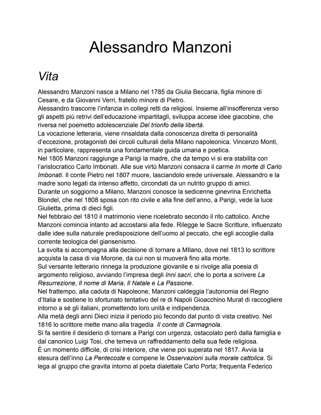 ## Vita
Alessandro Manzoni
Alessandro Manzoni nasce a Milano nel 1785 da Giulia Beccaria, figlia minore di
Cesare, e da Giovanni Verri, fr