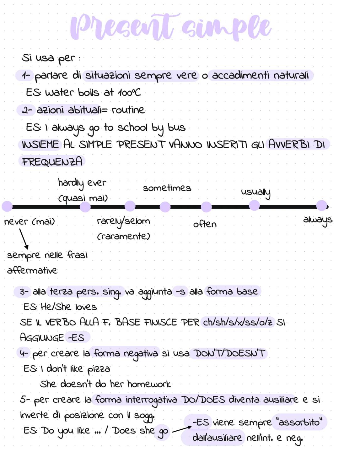 Present simple
Si usa per:
1- parlare di situazioni sempre vere o accadimenti naturali
ES: water boils at 100°C
2- azioni abituali= routine