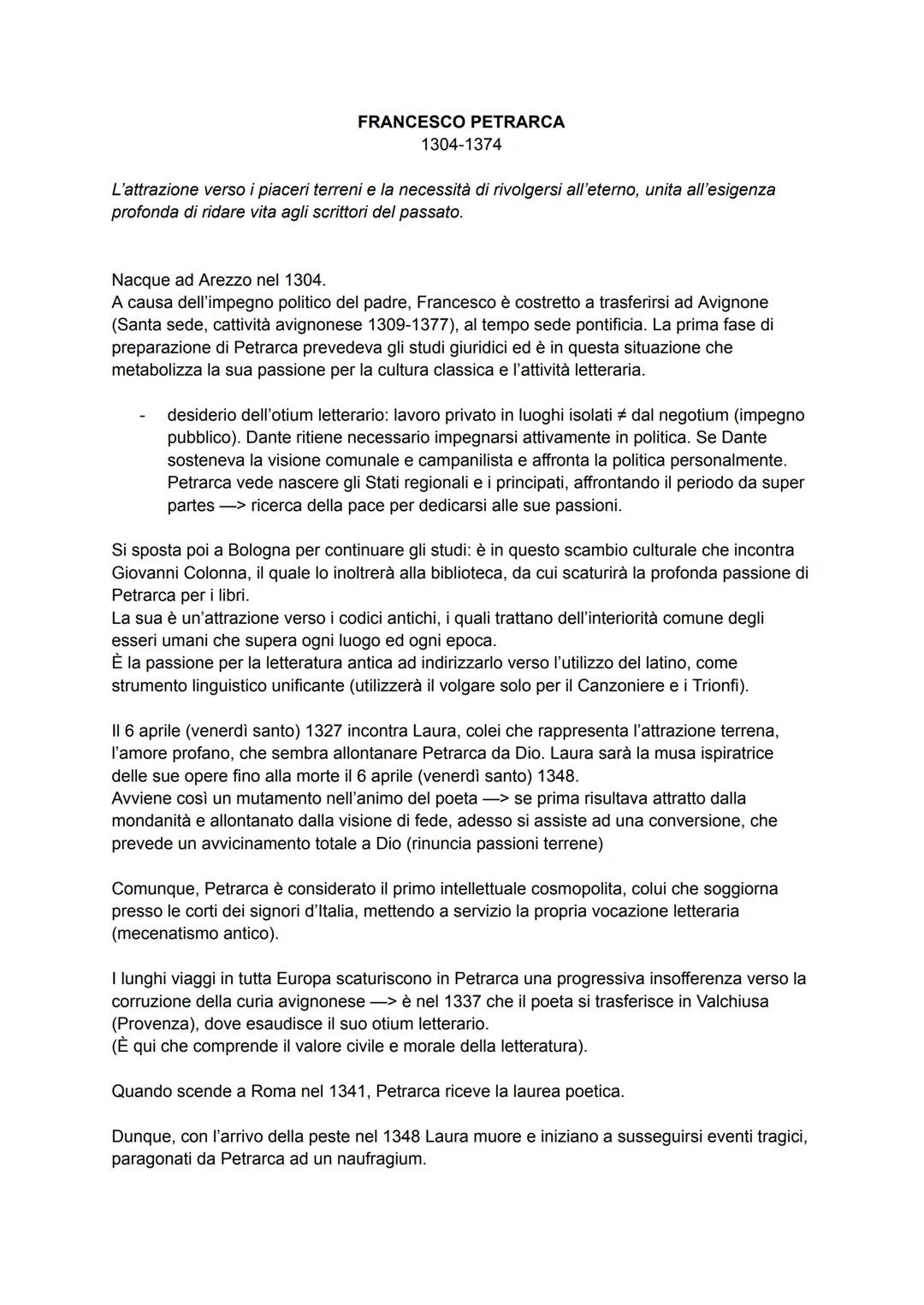 FRANCESCO PETRARCA
1304-1374
L'attrazione verso i piaceri terreni e la necessità di rivolgersi all'eterno, unita all'esigenza
profonda di r