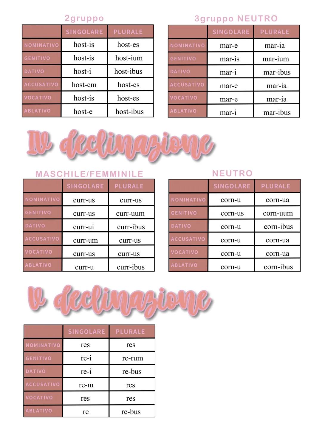 # I declinazione
| | SINGOLARE | PLURALE |
| :---------- | :-------- | :------ |
| NOMINATIVO | ros-a | ros-ae |
| GENITI