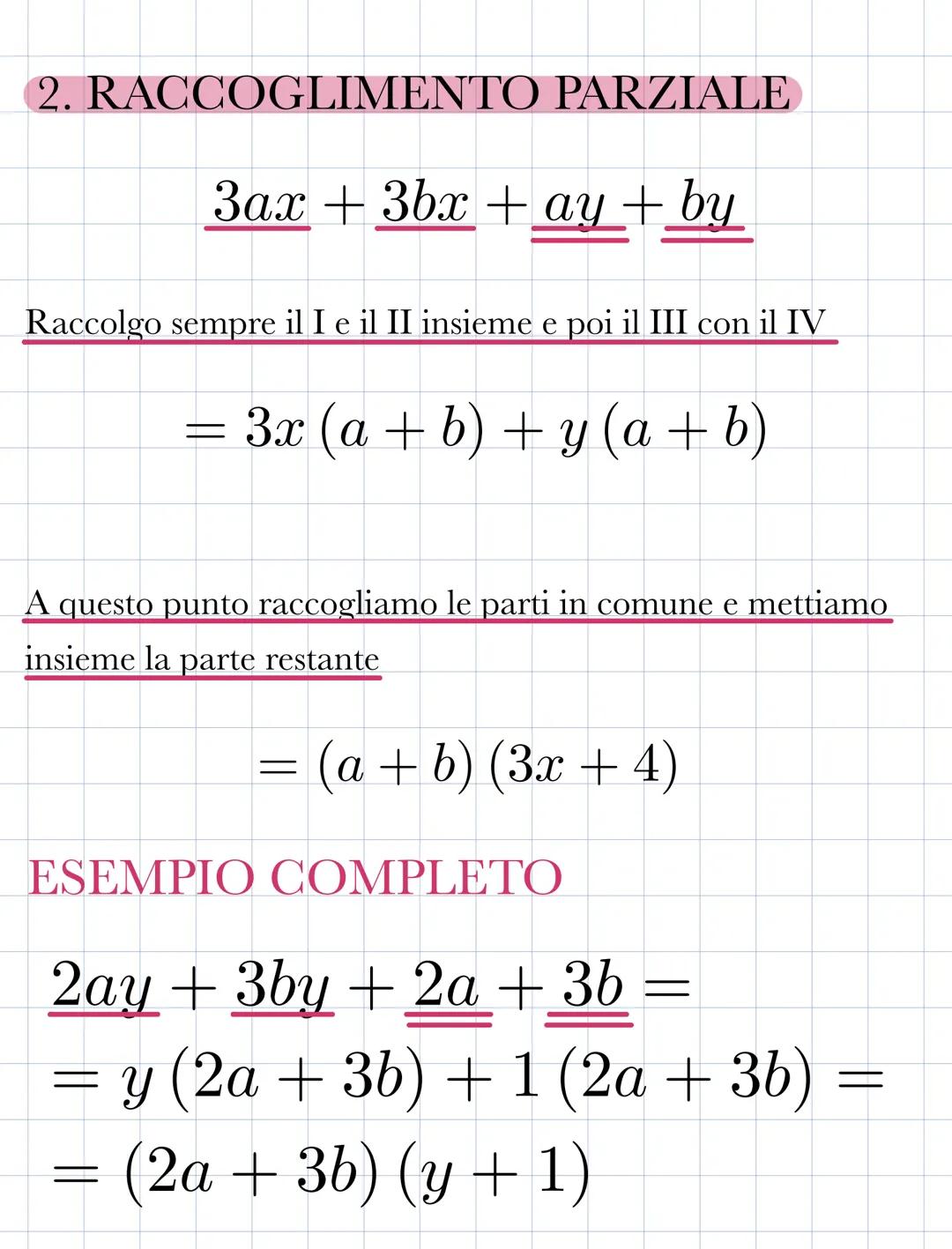 # Scomposizione
dei polinomi
1. RACCOGLIMENTO TOTALE
x² + 4x - 2x → x (x + 4-2)
Raccolgo la 'x' perché è l'unico fattore comune
Si racc