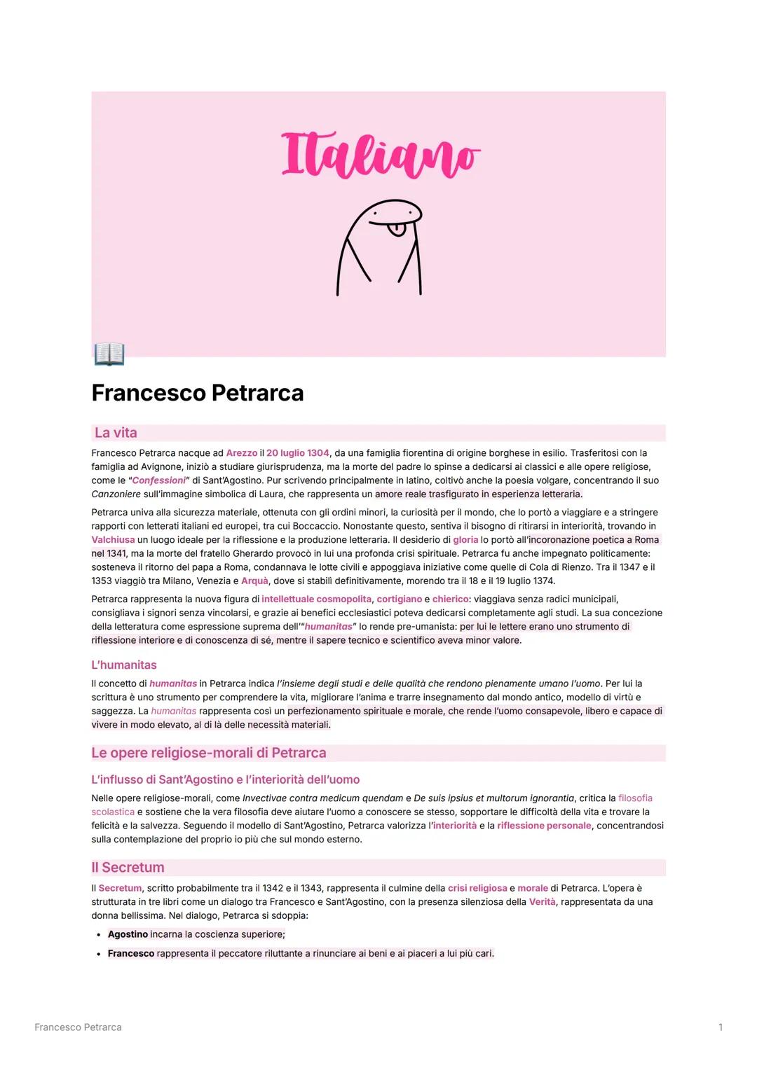 # Italiano
Francesco Petrarca
La vita
Francesco Petrarca nacque ad Arezzo il 20 luglio 1304, da una famiglia fiorentina di origine borghe