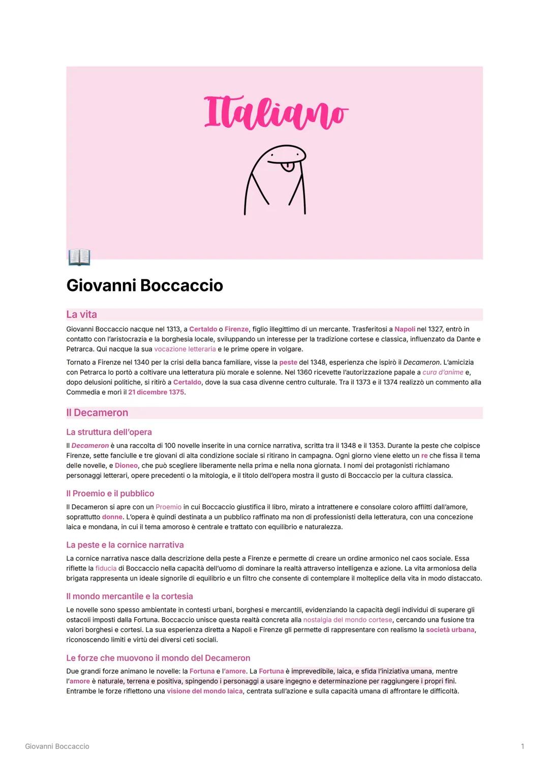 # Italiano
Giovanni Boccaccio
La vita
Giovanni Boccaccio nacque nel 1313, a Certaldo o Firenze, figlio illegittimo di un mercante. Trasfe