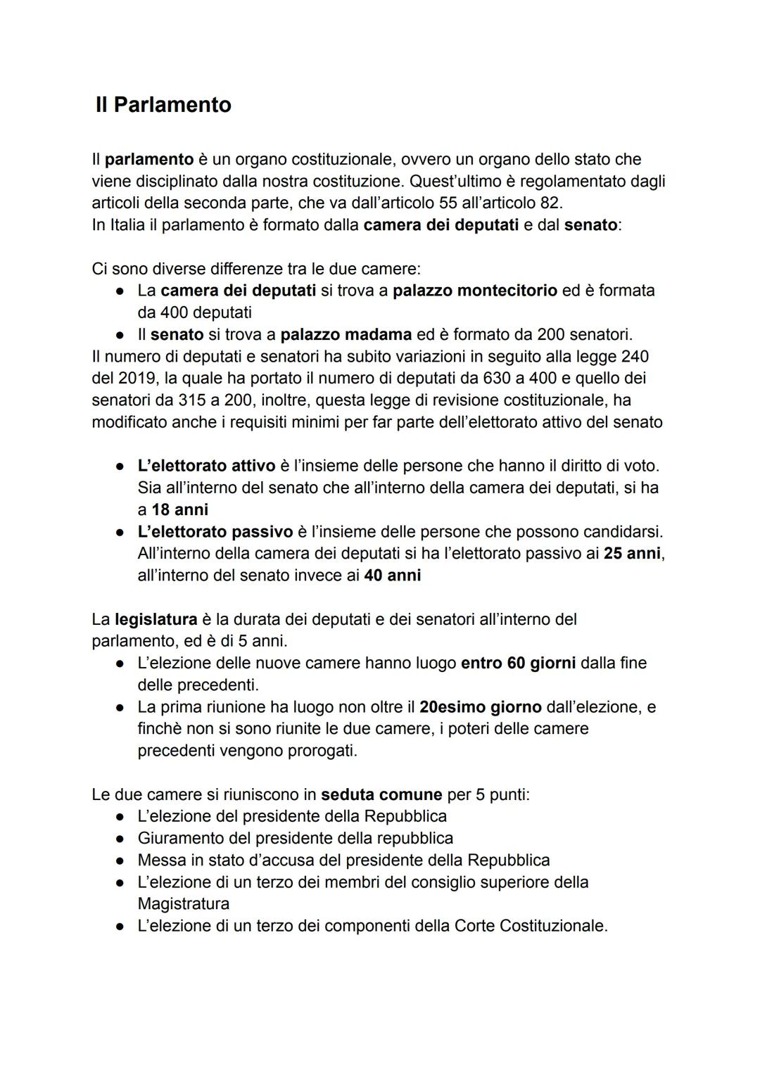 # II Parlamento
Il parlamento è un organo costituzionale, ovvero un organo dello stato che
viene disciplinato dalla nostra costituzione. Qu