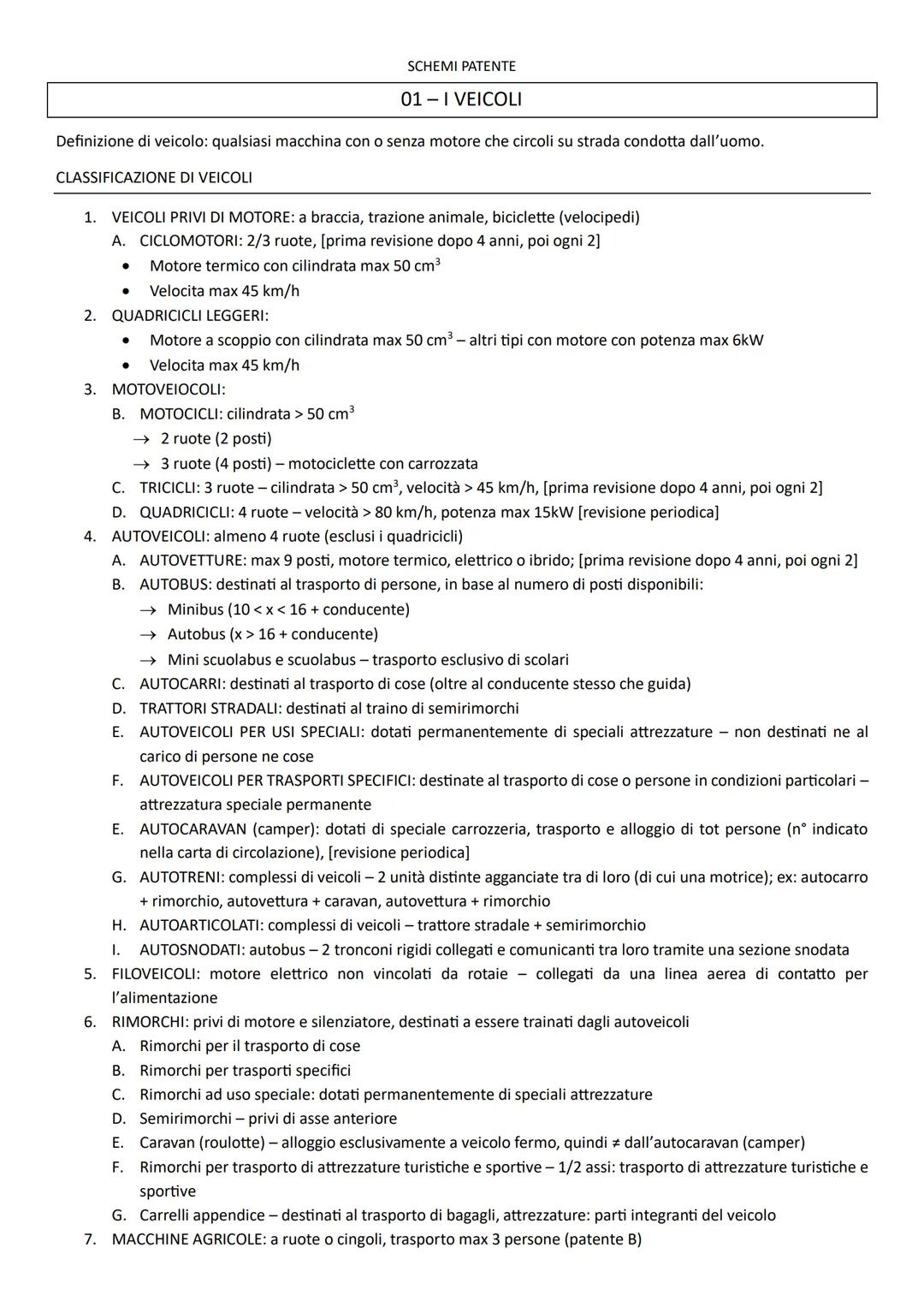 # SCHEMI PATENTE
01-I VEICOLI
Definizione di veicolo: qualsiasi macchina con o senza motore che circoli su strada condotta dall'uomo.
CLAS