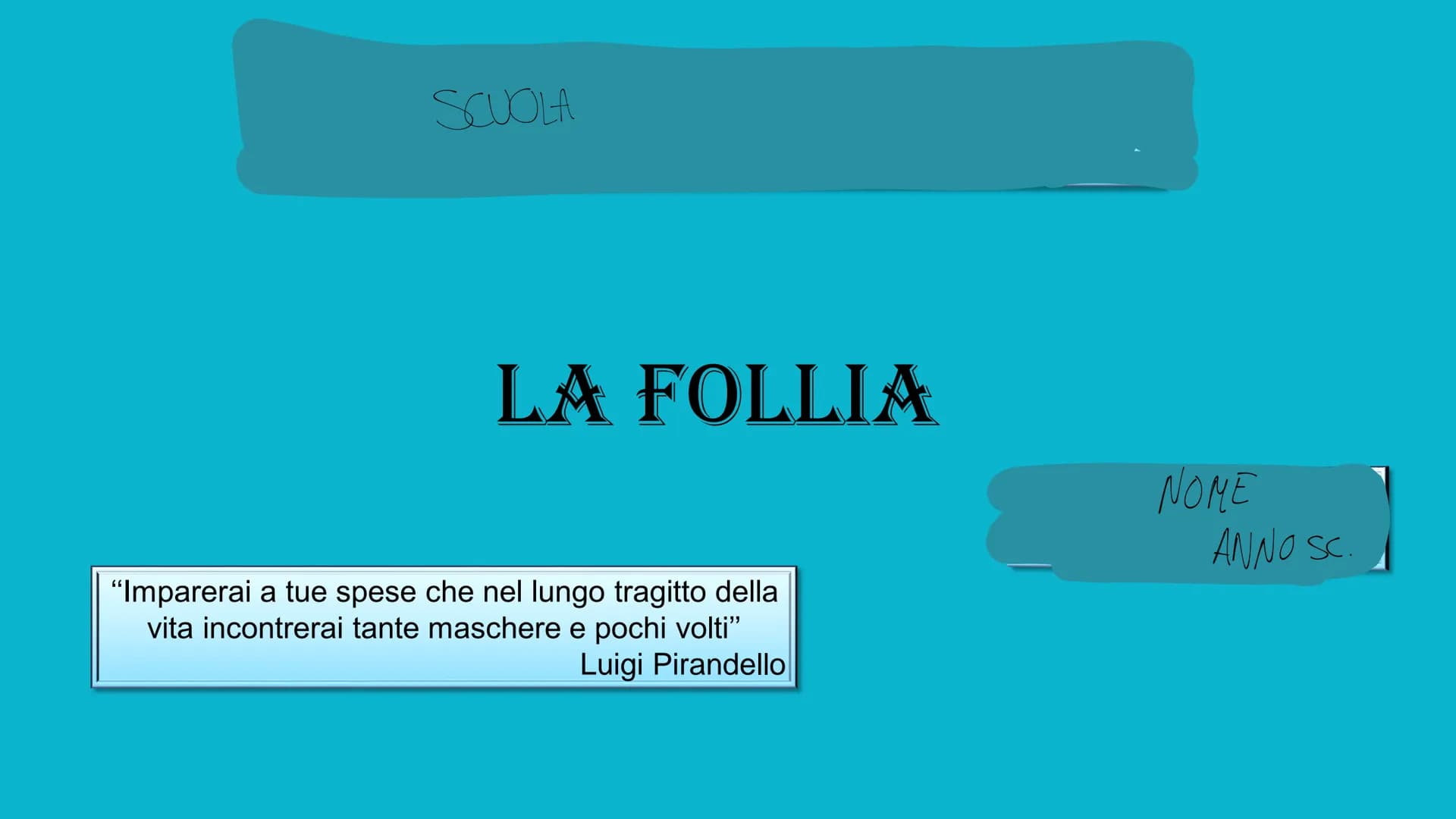 SCUOLA
LA FOLLIA
"Imparerai a tue spese che nel lungo tragitto della
vita incontrerai tante maschere e pochi volti"
Luigi Pirandello
NOME
AN